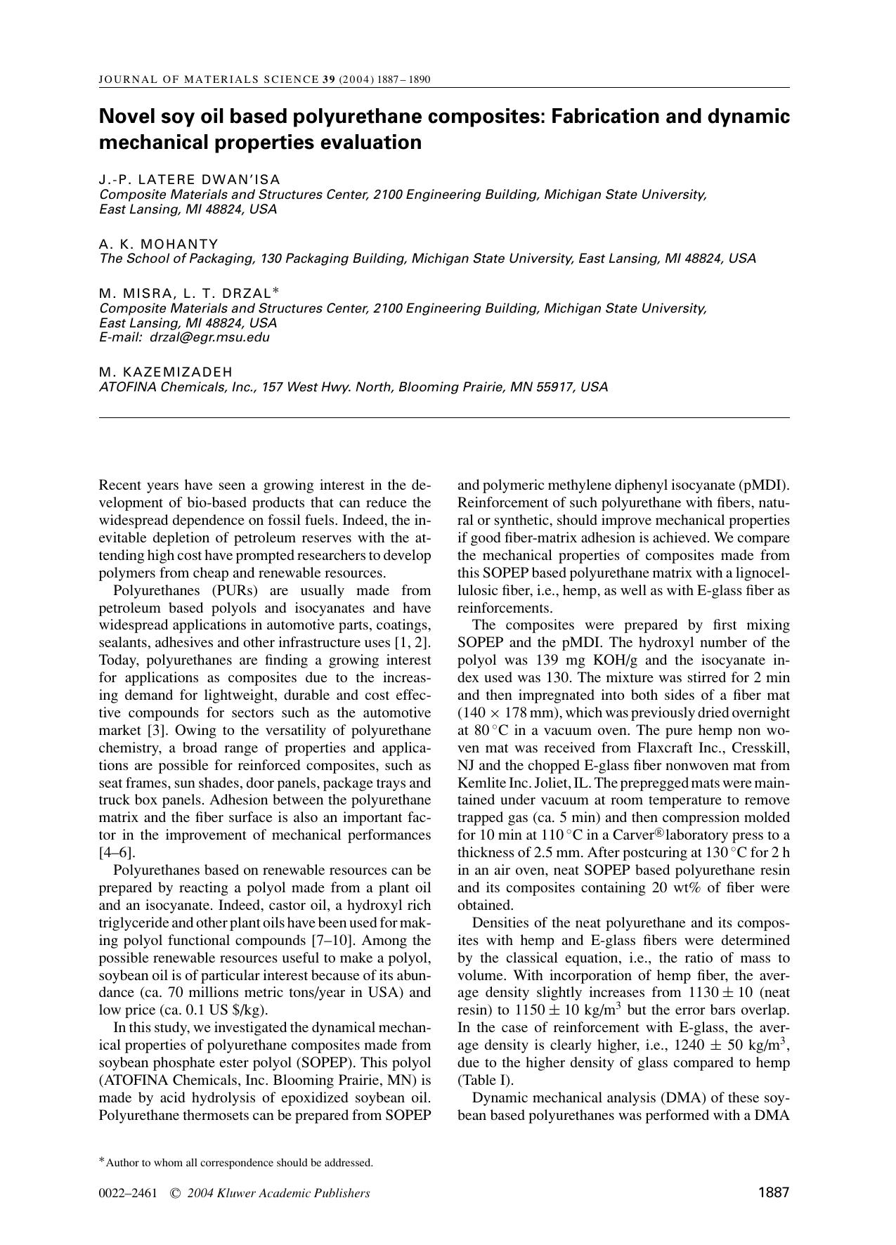 Novel soy oil based polyurethane composites: Fabrication and dynamic mechanical properties evaluation by Unknown