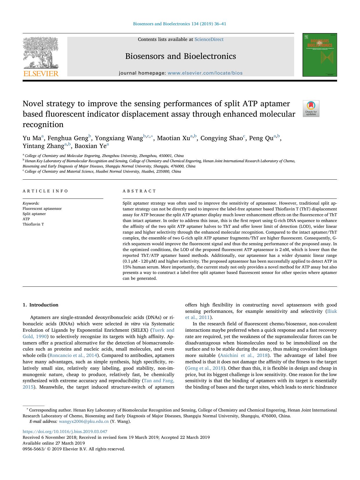 Novel strategy to improve the sensing performances of split ATP aptamer based fluorescent indicator displacement assay through enhanced molecular recognition by unknow