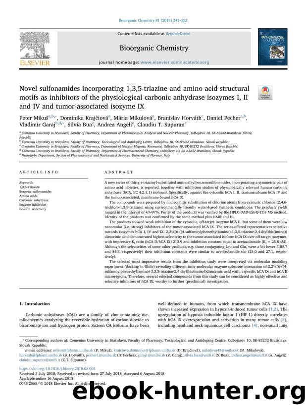Novel sulfonamides incorporating 1,3,5-triazine and amino acid structural motifs as inhibitors of the physiological carbonic anhydrase isozymes I, II and IV and tumor-associated isozyme IX by unknow