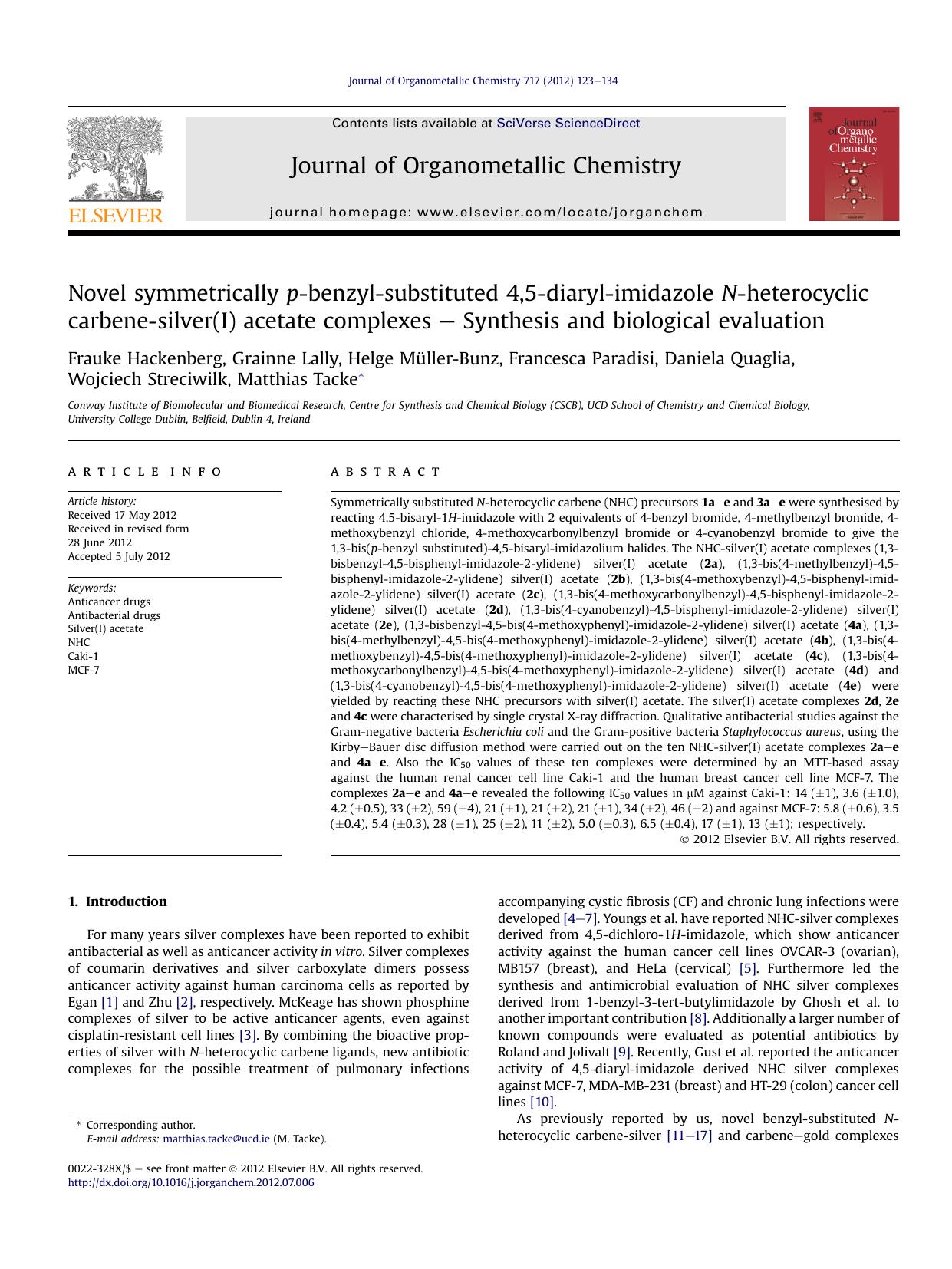 Novel symmetrically p-benzyl-substituted 4,5-diaryl-imidazole N-heterocyclic carbene-silver(I) acetate complexes - Synthesis and biological evaluation by unknow