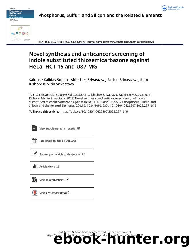 Novel synthesis and anticancer screening of indole substituted thiosemicarbazone against HeLa, HCT-15 and U87-MG by Kalidas Sopan Salunke & Srivastava Abhishek & Srivastava Sachin & Kishore Ram & Srivastava Nitin