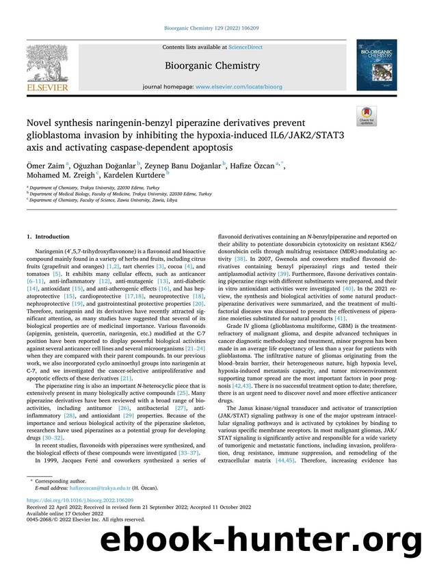 Novel synthesis naringenin-benzyl piperazine derivatives prevent glioblastoma invasion by inhibiting the hypoxia-induced IL6JAK2STAT3 axis and activating caspase-dependent apoptosis by unknow