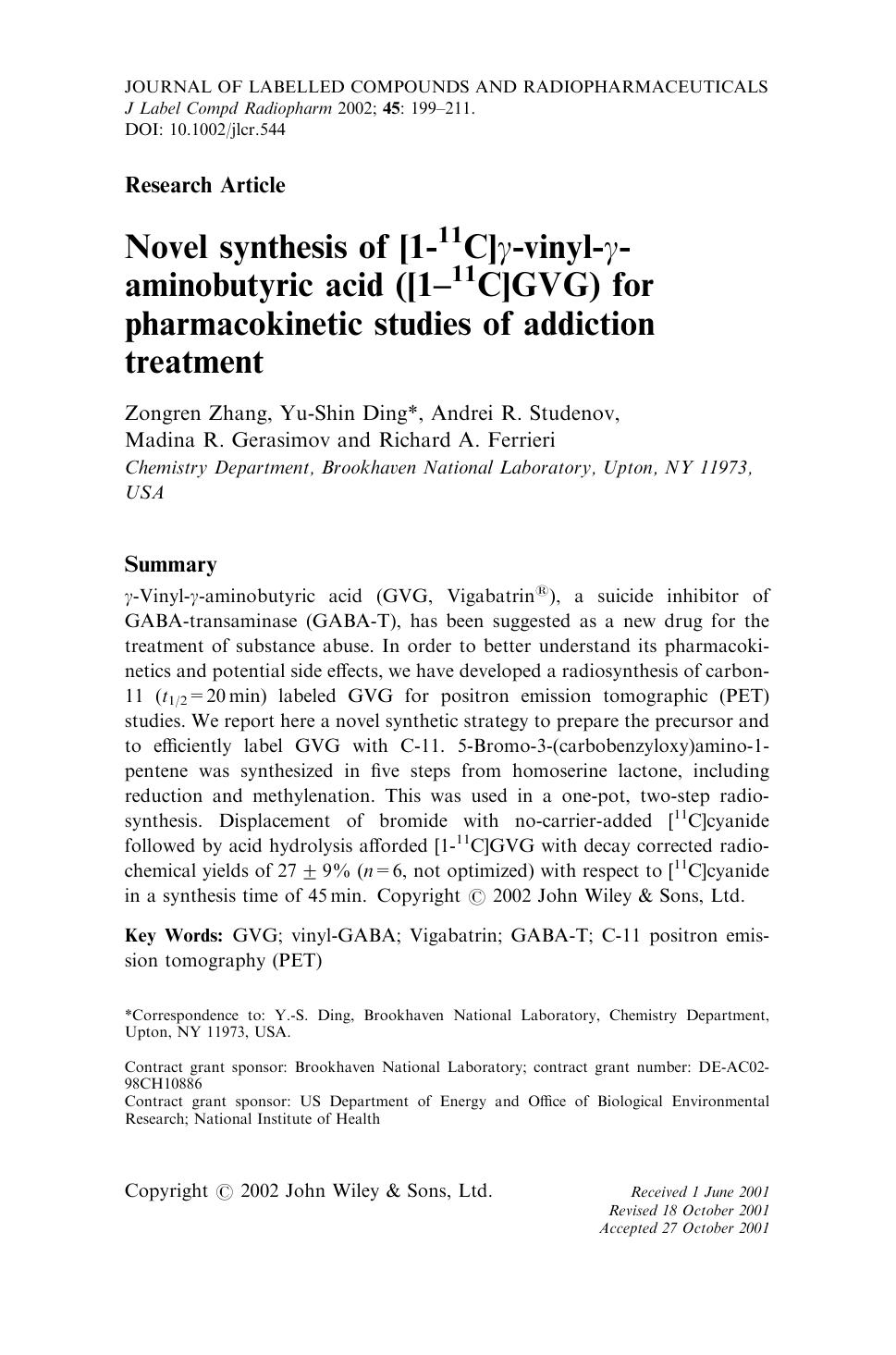 Novel synthesis of [1-11C][ggr]-vinyl-[ggr]-aminobutyric acid ([1-11C]GVG) for pharmacokinetic studies of addiction treatment by Unknown