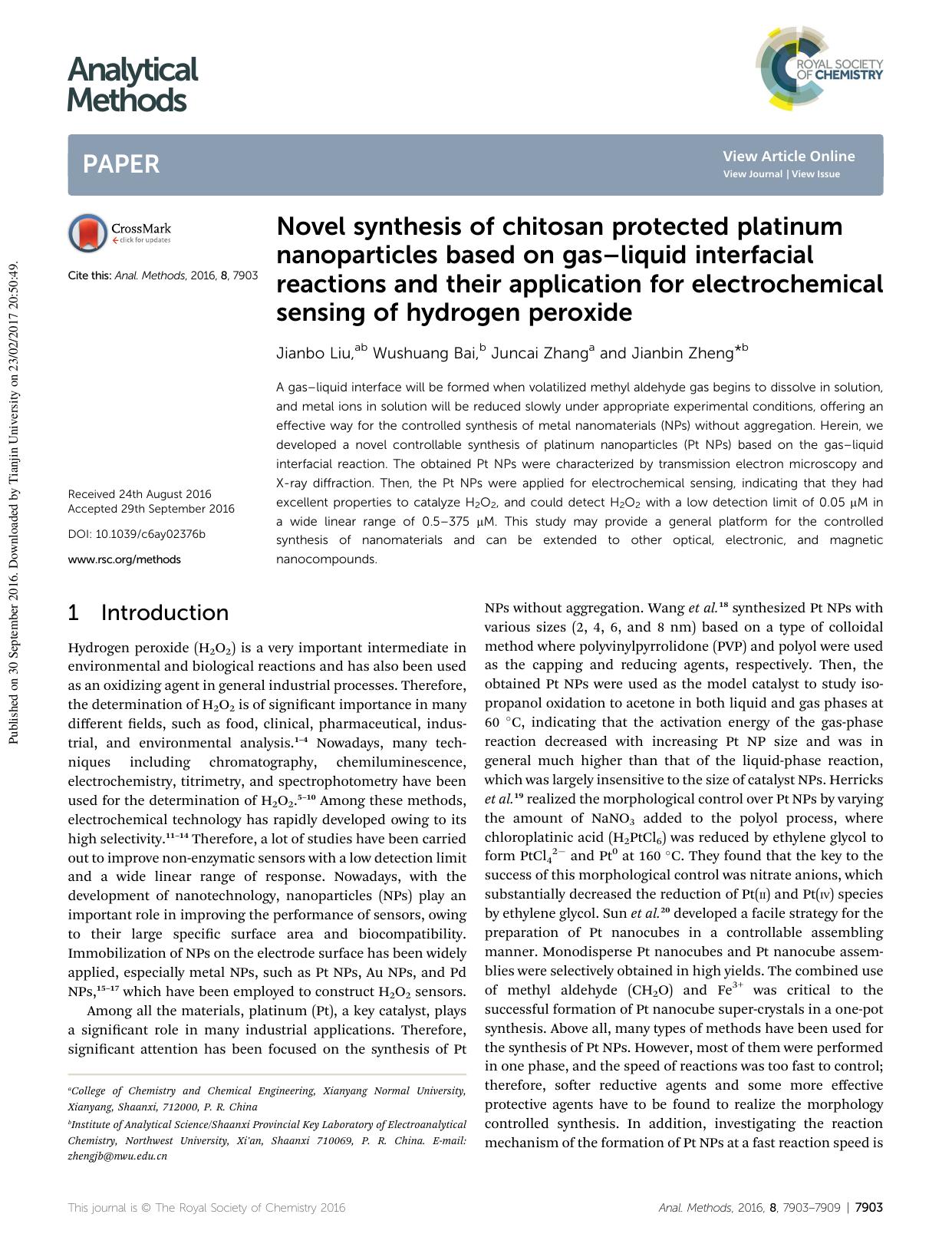 Novel synthesis of chitosan protected platinum nanoparticles based on gasâliquid interfacial reactions and their application for electrochemical sensing of hydrogen peroxide by Jianbo Liu & Wushuang Bai & Juncai Zhang & Jianbin Zheng