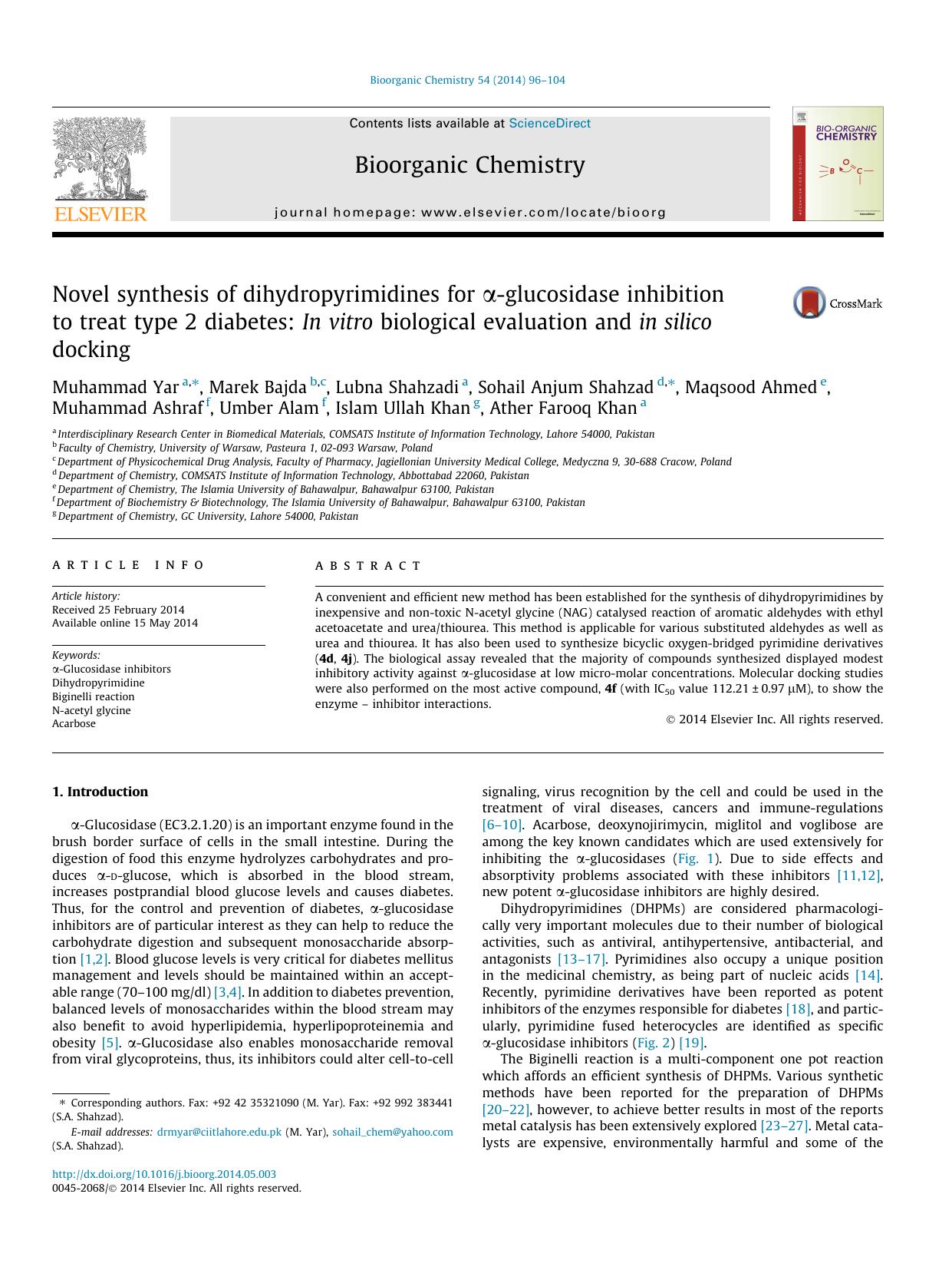 Novel synthesis of dihydropyrimidines for ÃÂ±-glucosidase inhibition to treat type 2 diabetes: In vitro biological evaluation and in silico docking by unknow