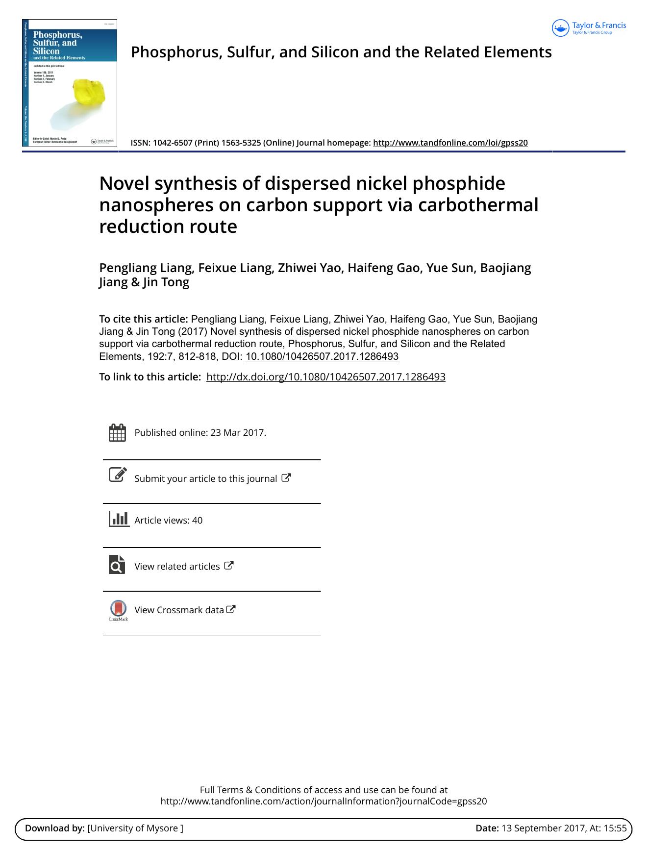 Novel synthesis of dispersed nickel phosphide nanospheres on carbon support via carbothermal reduction route by Pengliang Liang & Feixue Liang & Zhiwei Yao & Haifeng Gao & Yue Sun & Baojiang Jiang & Jin Tong