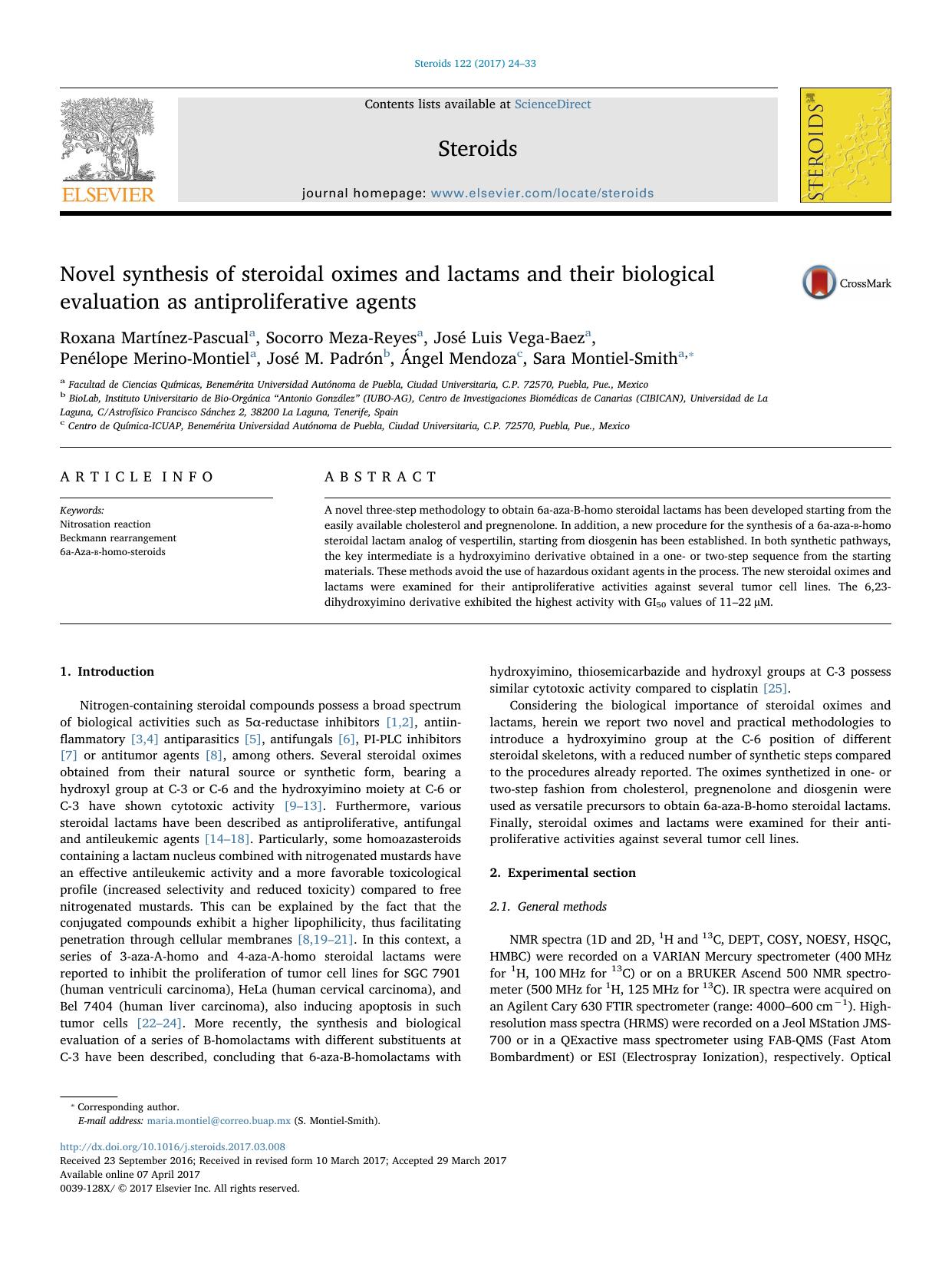 Novel synthesis of steroidal oximes and lactams and their biological evaluation as antiproliferative agents by unknow