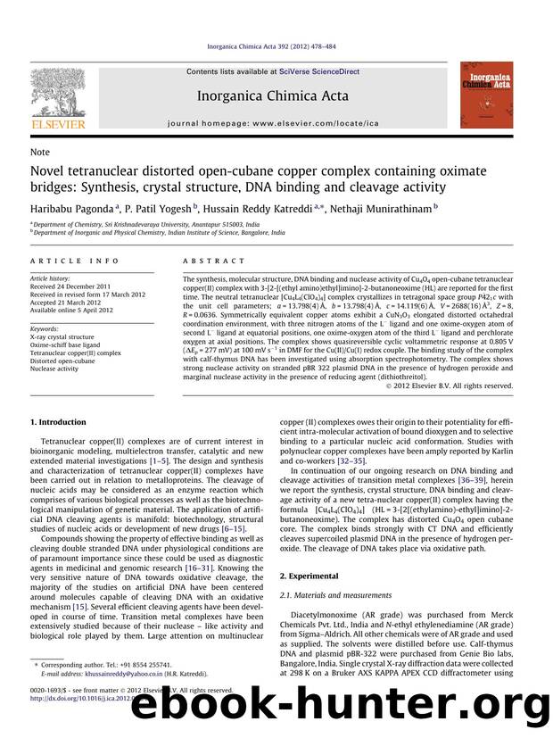 Novel tetranuclear distorted open-cubane copper complex containing oximate bridges: Synthesis, crystal structure, DNA binding and cleavage activity by Haribabu Pagonda & P. Patil Yogesh & Hussain Reddy Katreddi & Nethaji Munirathinam