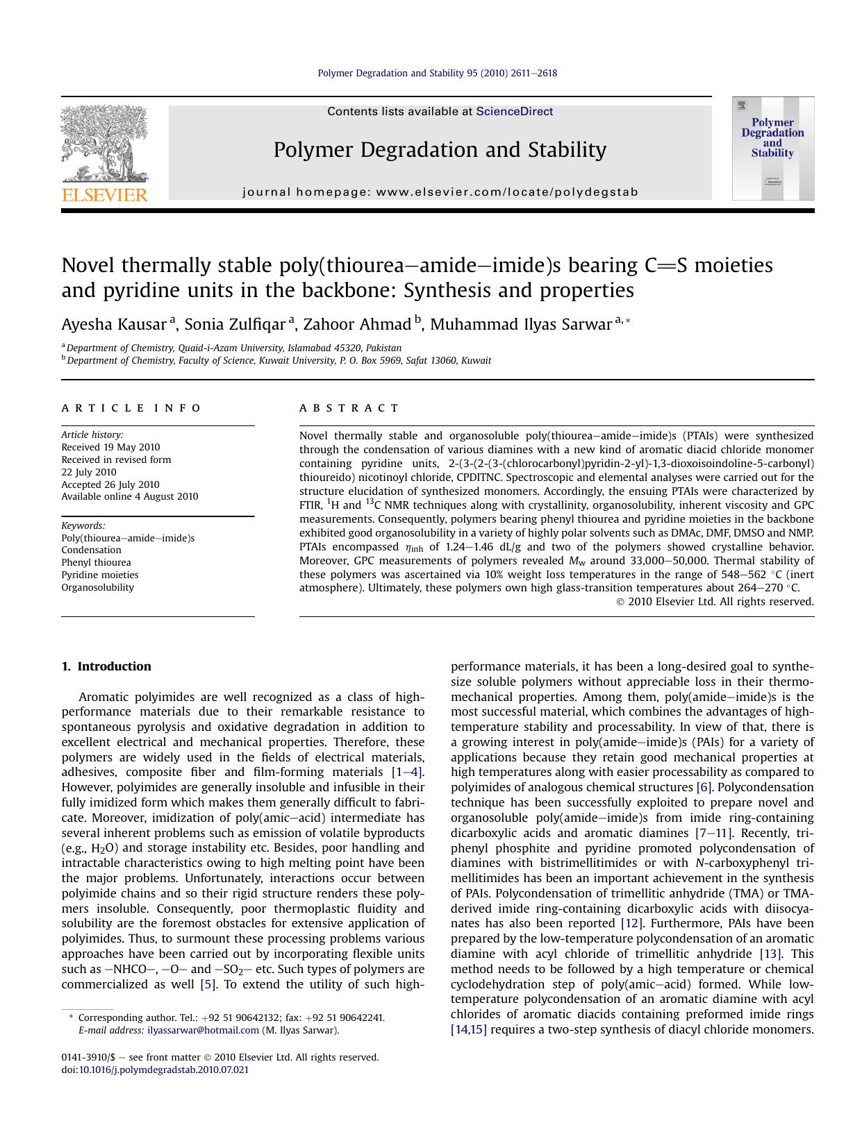Novel thermally stable poly(thiourea-amide-imide)s bearing CS moieties and pyridine units in the backbone: Synthesis and properties by Ayesha Kausar & Sonia Zulfiqar & Zahoor Ahmad & Muhammad Ilyas Sarwar