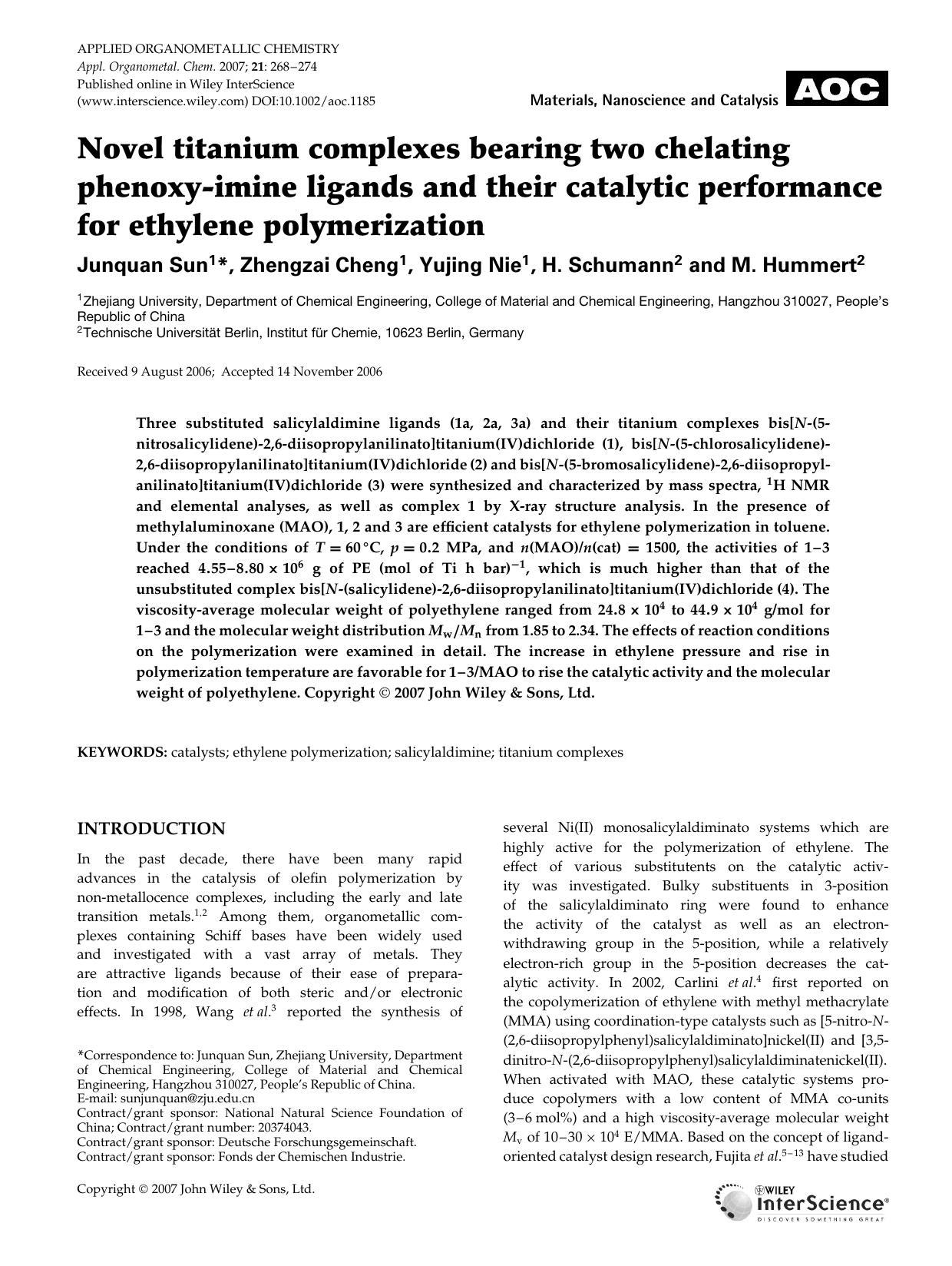 Novel titanium complexes bearing two chelating phenoxy-imine ligands and their catalytic performance for ethylene polymerization by Unknown
