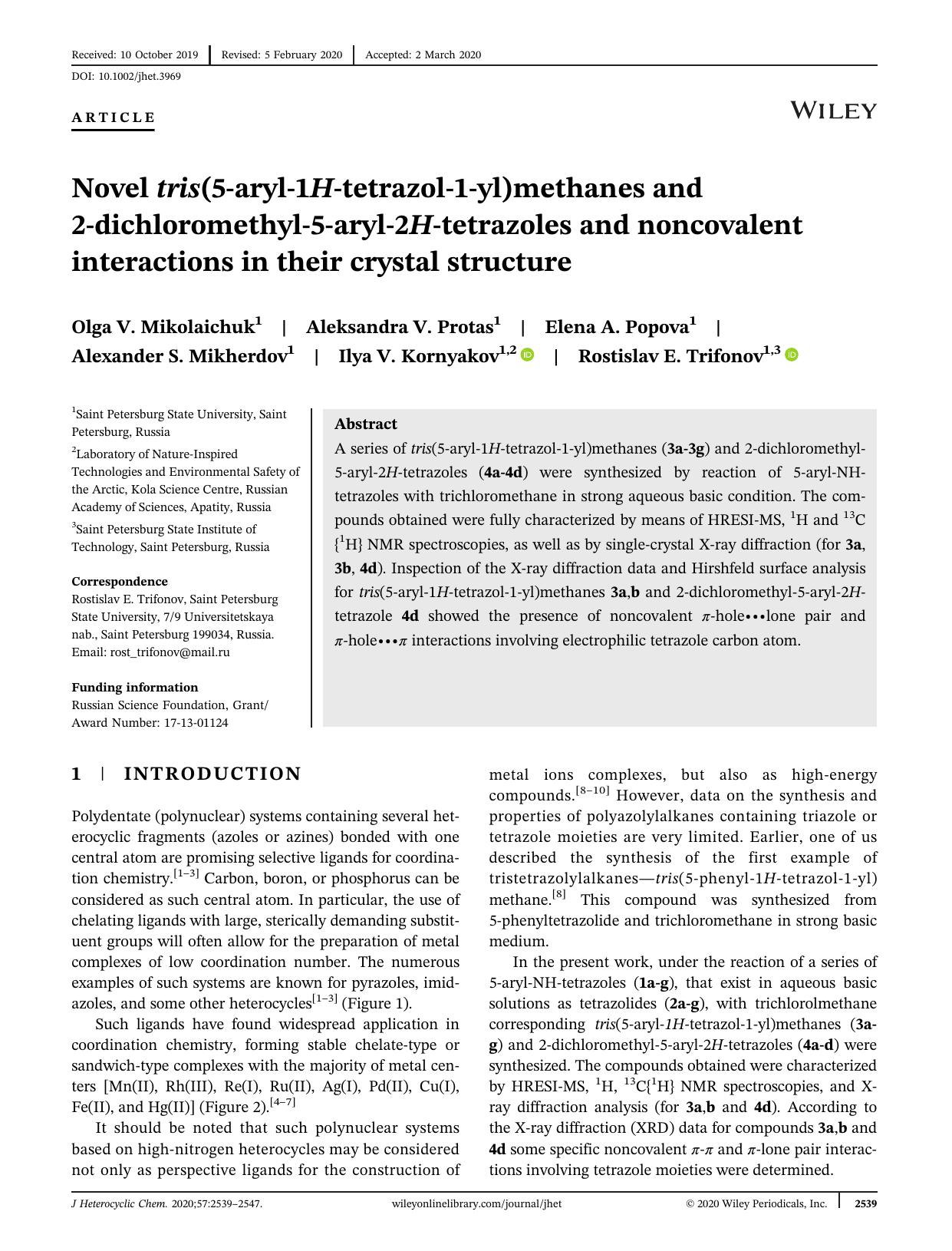 Novel tris(5-aryl-1H-tetrazol-1-yl)methanes and 2-dichloromethyl-5-aryl-2H-tetrazoles and noncovalent interactions in their crystal structure by Unknown