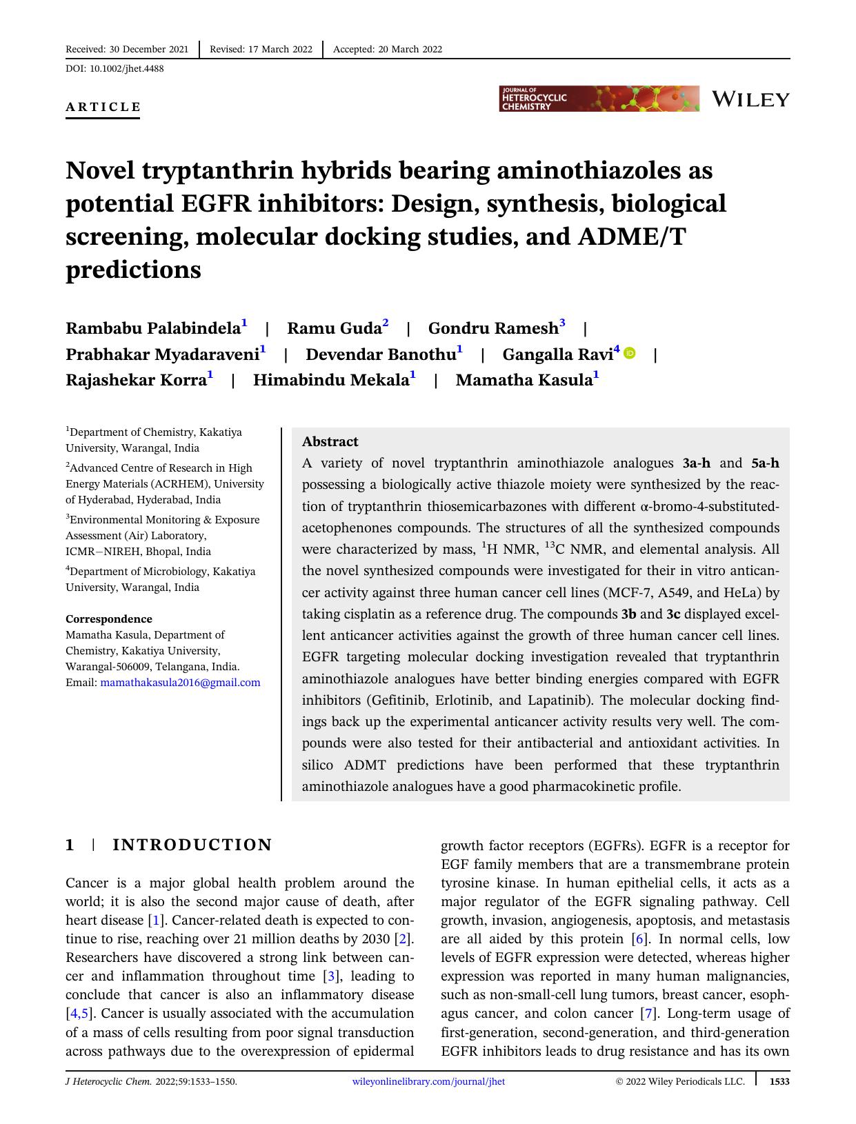 Novel tryptanthrin hybrids bearing aminothiazoles as potential EGFR inhibitors: Design, synthesis, biological screening, molecular docking studies and ADMET Predictions by Unknown