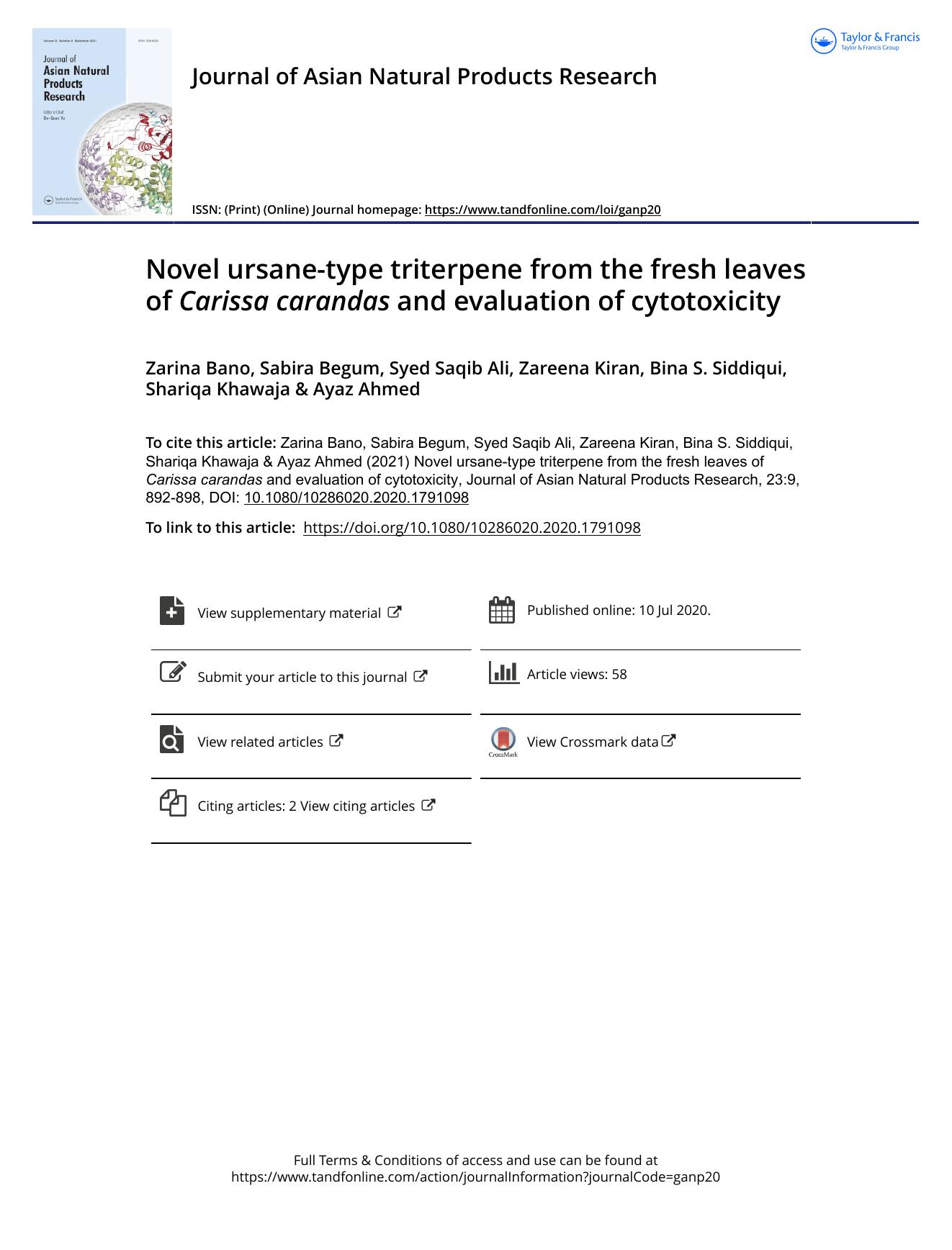 Novel ursane-type triterpene from the fresh leaves of Carissa carandas and evaluation of cytotoxicity by unknow