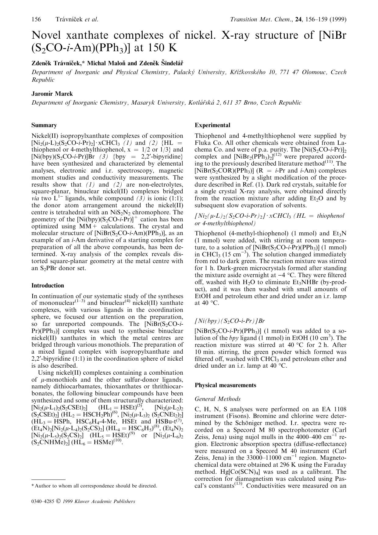 Novel xanthate complexes of nickel. X-ray structure of [NiBr(S2CO-i-Am)(PPh3)] at 150 K by Unknown