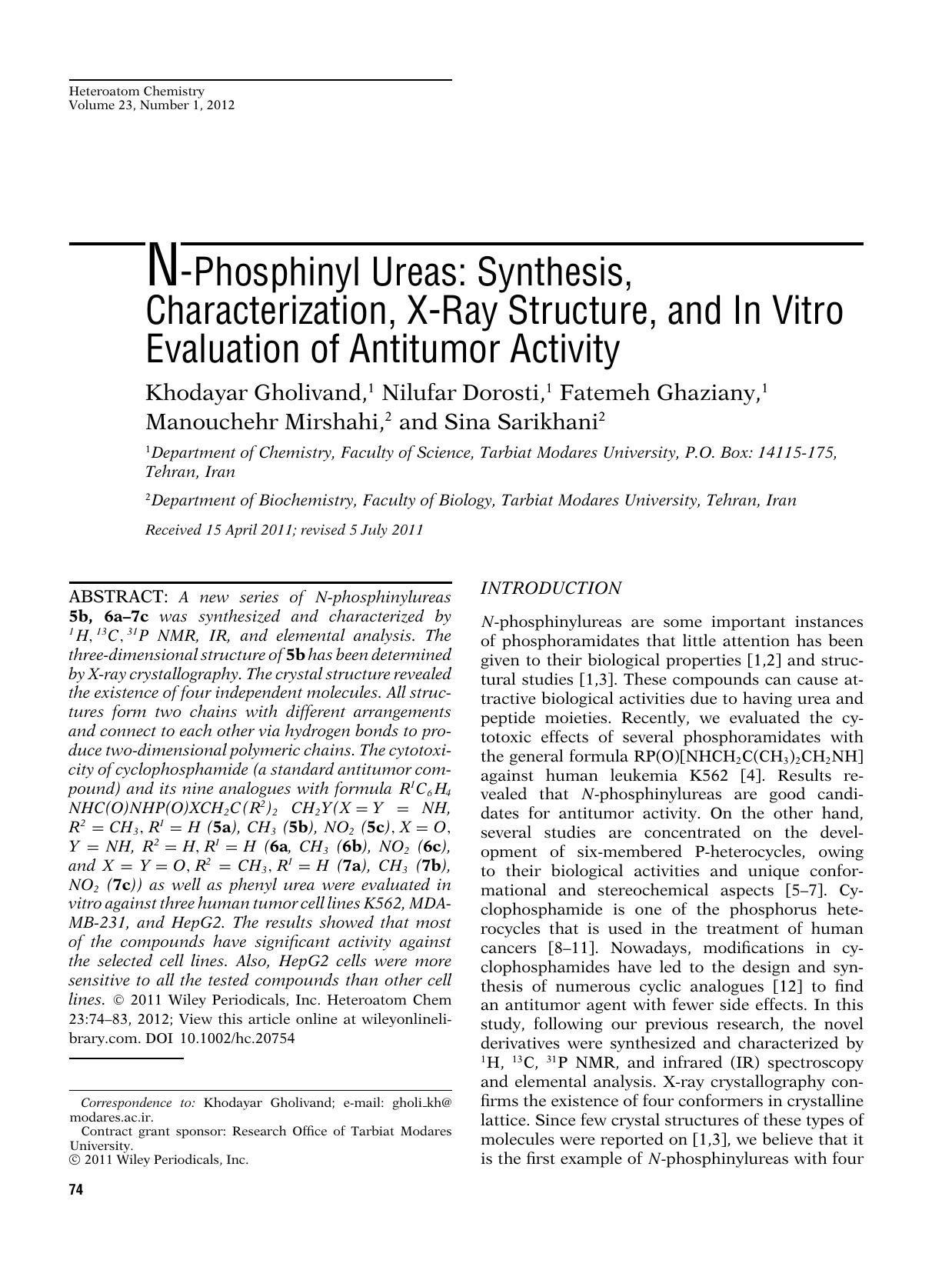 Nphosphinyl ureas: Synthesis, characterization, Xray structure, and in vitro evaluation of antitumor activity by Aptara