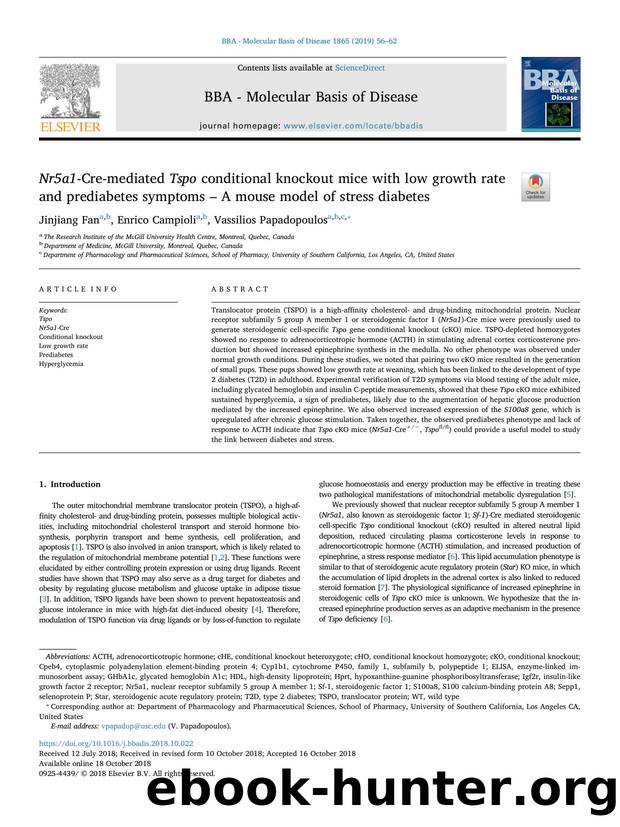Nr5a1-Cre-mediated Tspo conditional knockout mice with low growth rate and prediabetes symptoms â A mouse model of stress diabetes by Jinjiang Fan & Enrico Campioli & Vassilios Papadopoulos