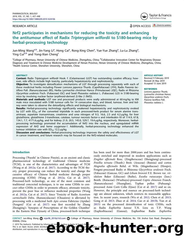 Nrf2 participates in mechanisms for reducing the toxicity and enhancing the antitumour effect of Radix Tripterygium wilfordii to S180-bearing mice by herbal-processing technology by unknow