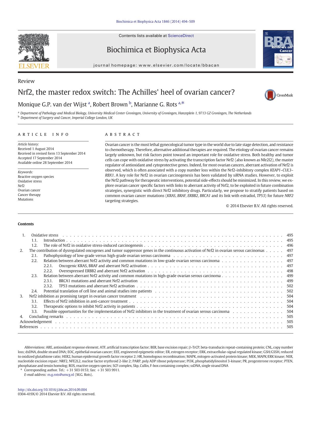 Nrf2, the master redox switch: The Achilles' heel of ovarian cancer? by Monique G.P. van der Wijst & Robert Brown & Marianne G. Rots