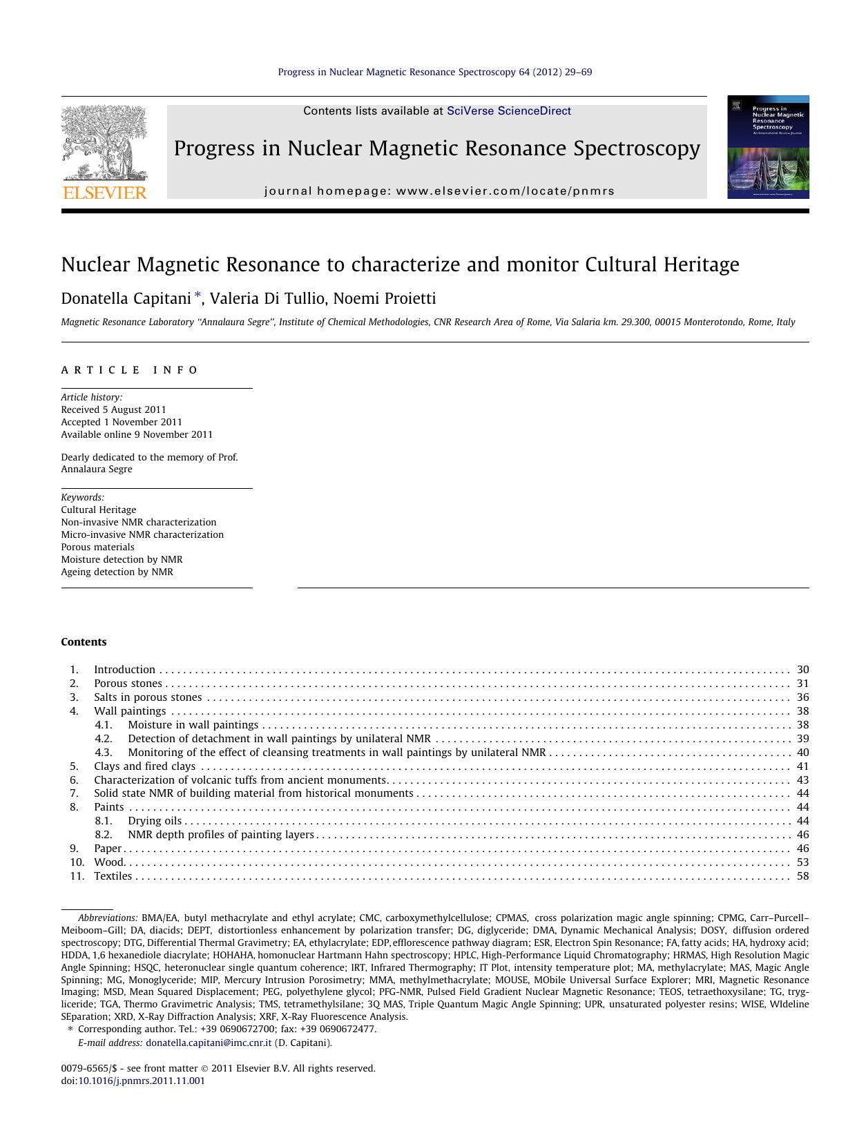 Nuclear Magnetic Resonance to characterize and monitor Cultural Heritage by Donatella Capitani & Valeria Di Tullio & Noemi Proietti