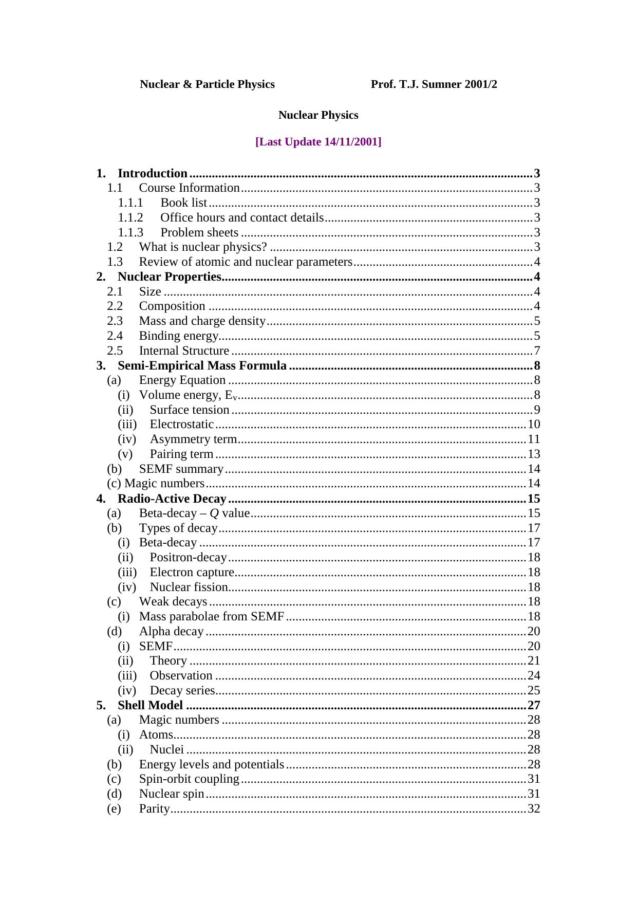 Nuclear Physics (course overview) by T. Sumner