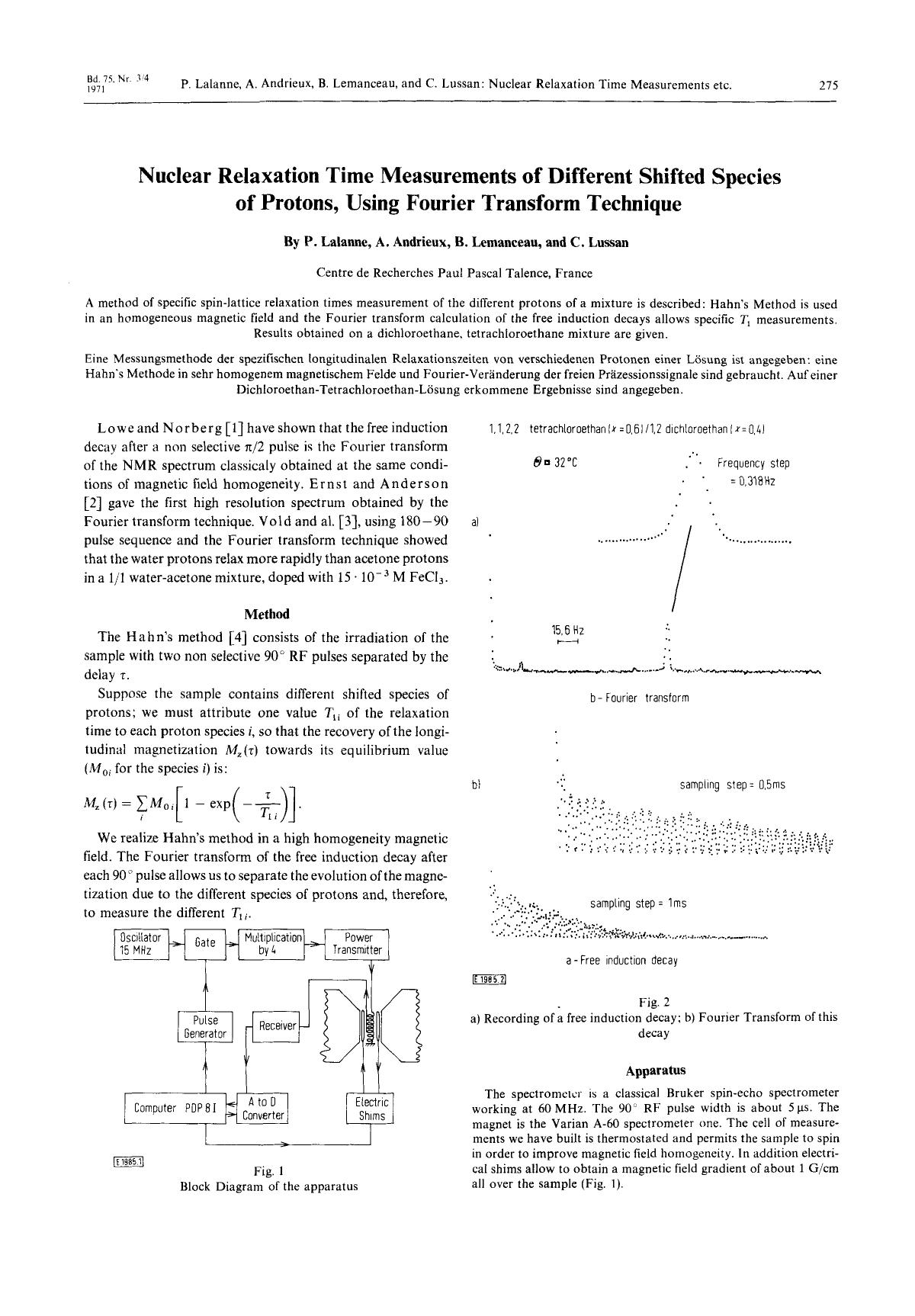 Nuclear Relaxation Time Measurements of Different Shifted Species of Protons, Using Fourier Transform Technique by Unknown