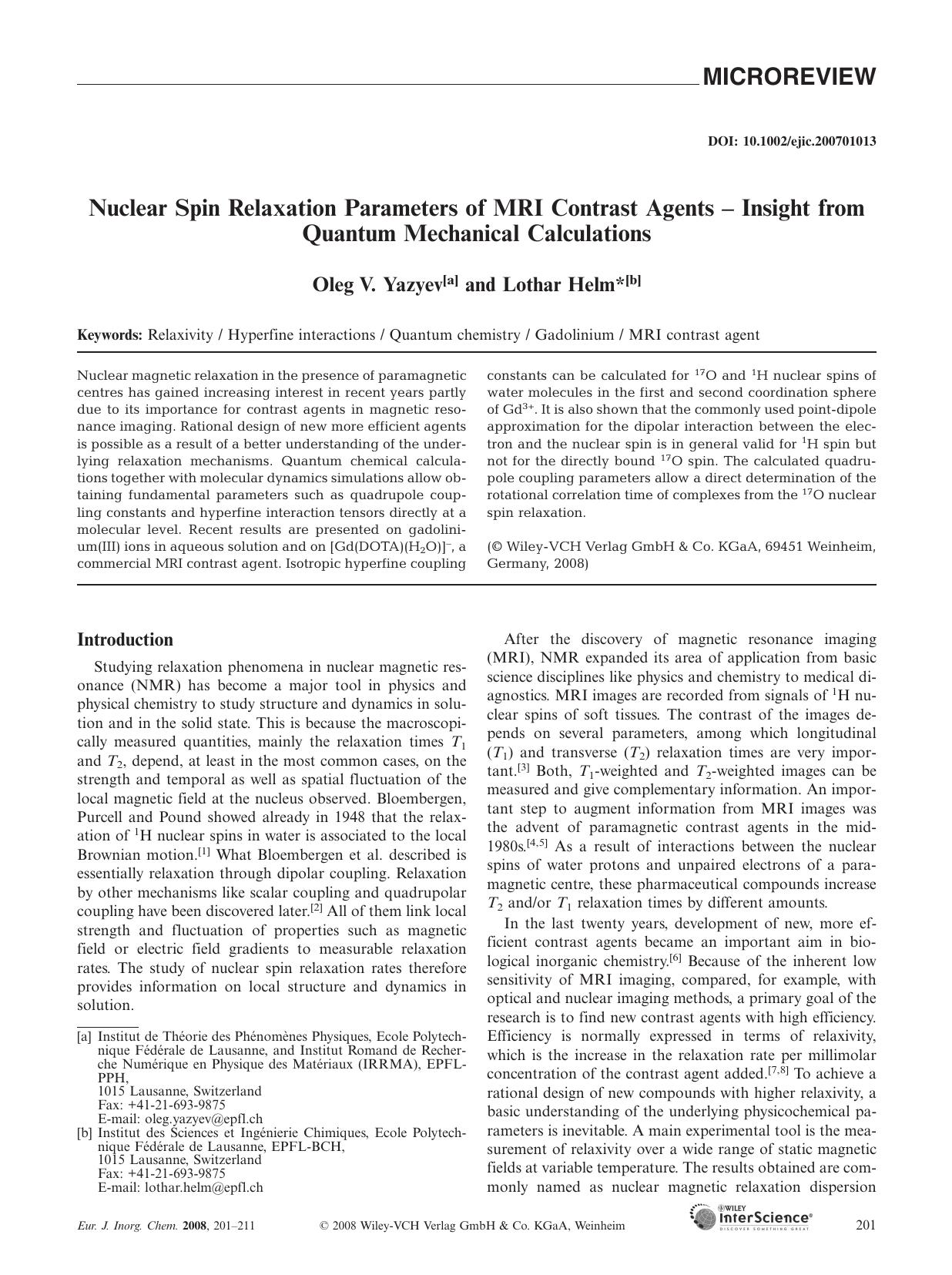 Nuclear Spin Relaxation Parameters of MRI Contrast Agents - Insight from Quantum Mechanical Calculations by Unknown