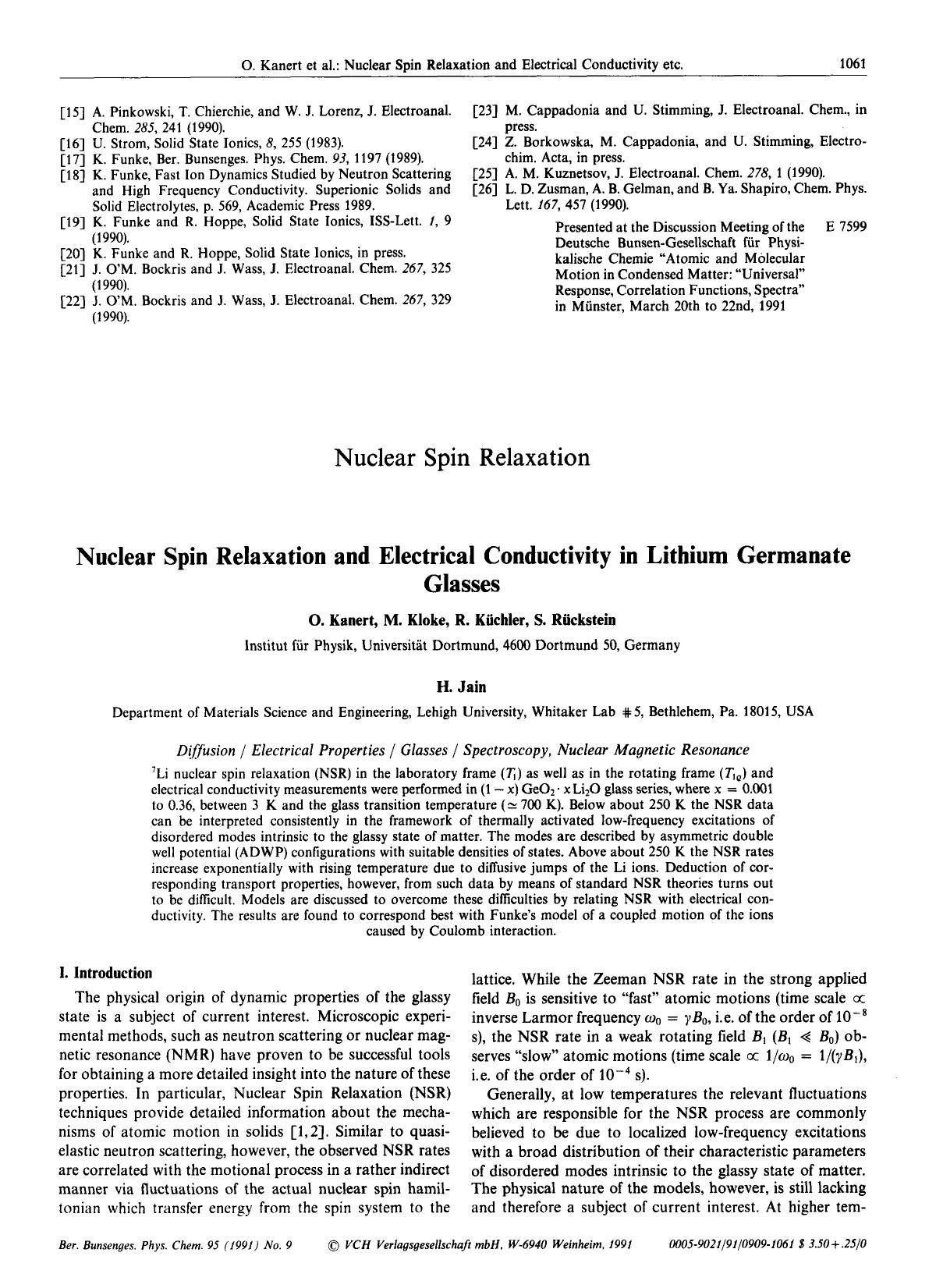 Nuclear Spin Relaxation. Nuclear Spin Relaxation and Electrical Conductivity in Lithium Germanate Glasses by Unknown