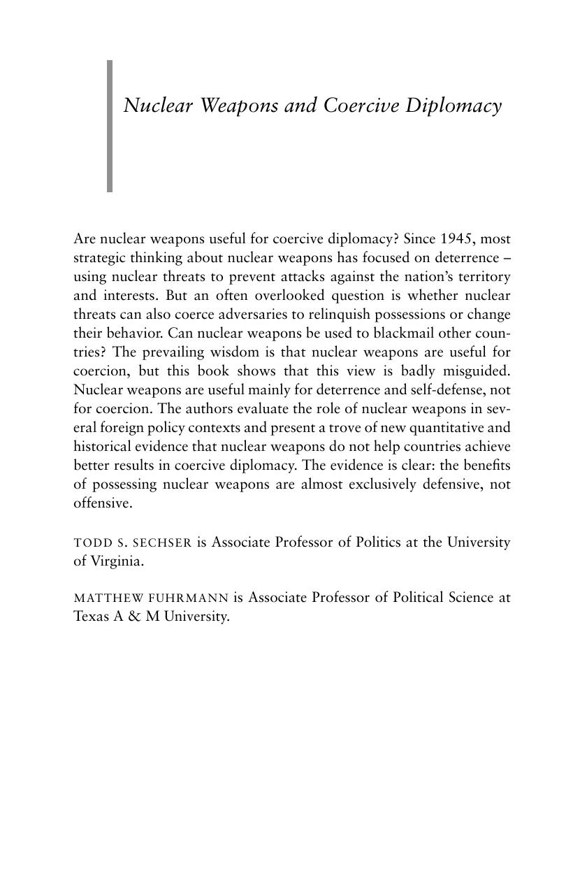 Nuclear Weapons and Coercive Diplomacy by Todd S. Sechser; Matthew Fuhrmann