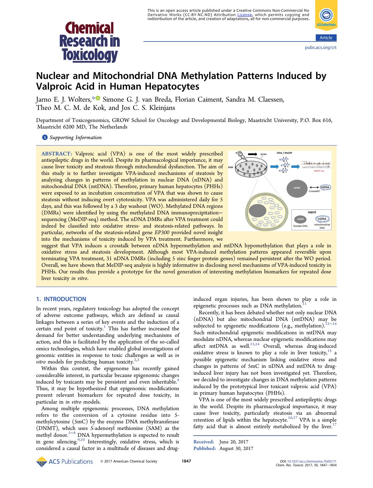 Nuclear and Mitochondrial DNA Methylation Patterns Induced by Valproic Acid in Human Hepatocytes by unknow