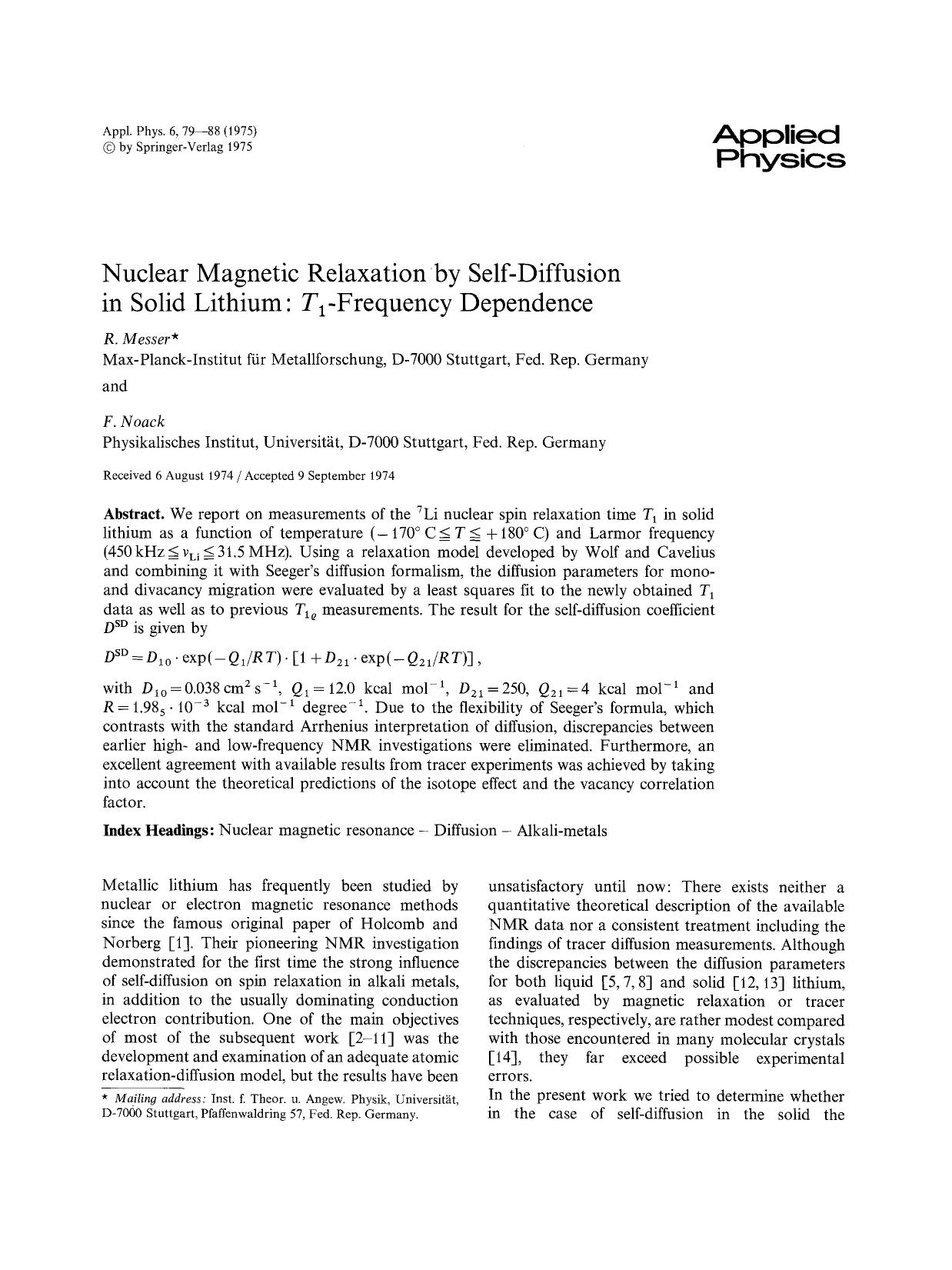 Nuclear magnetic relaxation by self-diffusion in solid lithium: <Emphasis Type="Italic">T <Emphasis> <Subscript>1 <Subscript>-frequency dependence by Unknown