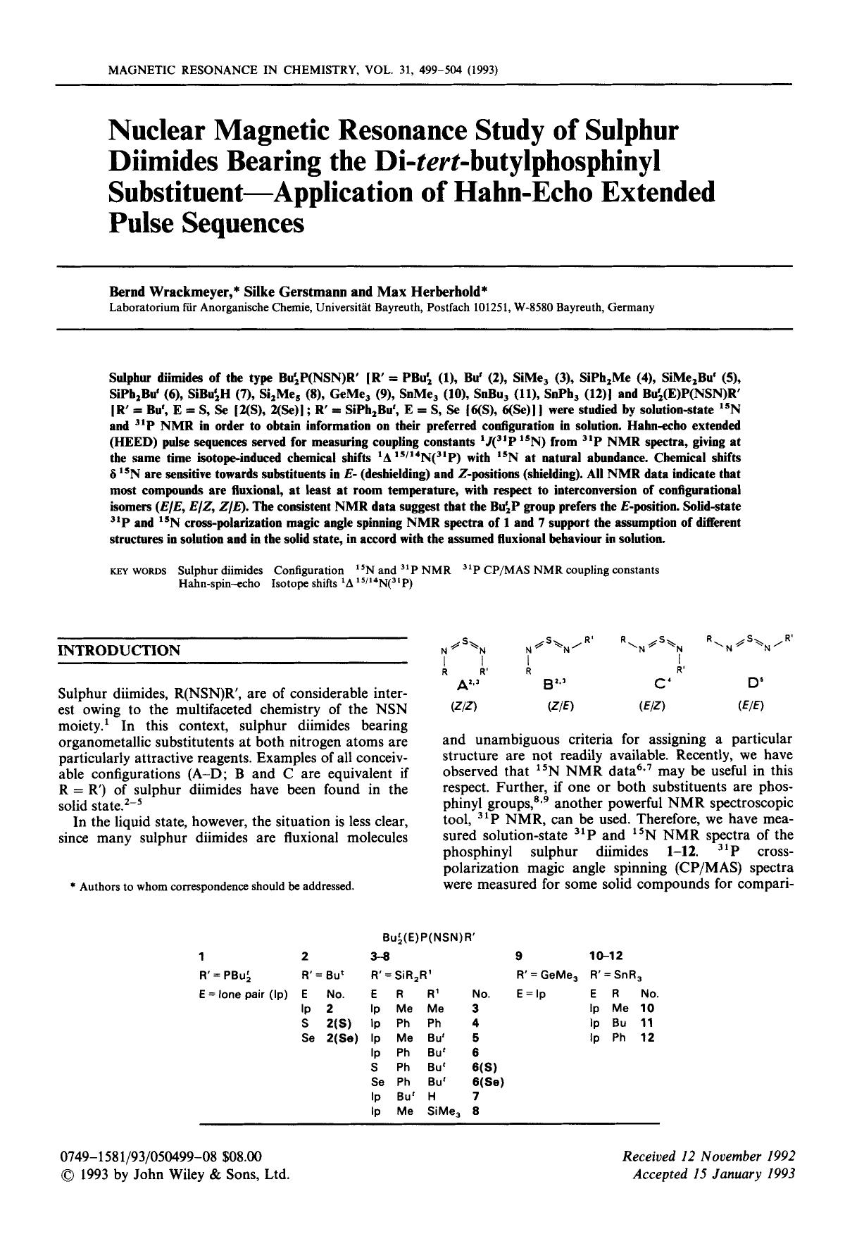 Nuclear magnetic resonance study of sulphur diimides bearing the Di-tert-butylphosphinyl substituent-application of Hahn-echo extended pulse sequences by Unknown