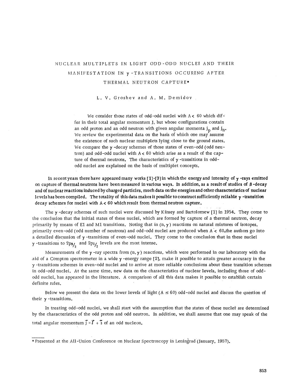 Nuclear multiplets in light odd-odd nuclei and their manifestation in &#x03B3;-transitions occuring after thermal neutron capture by Unknown