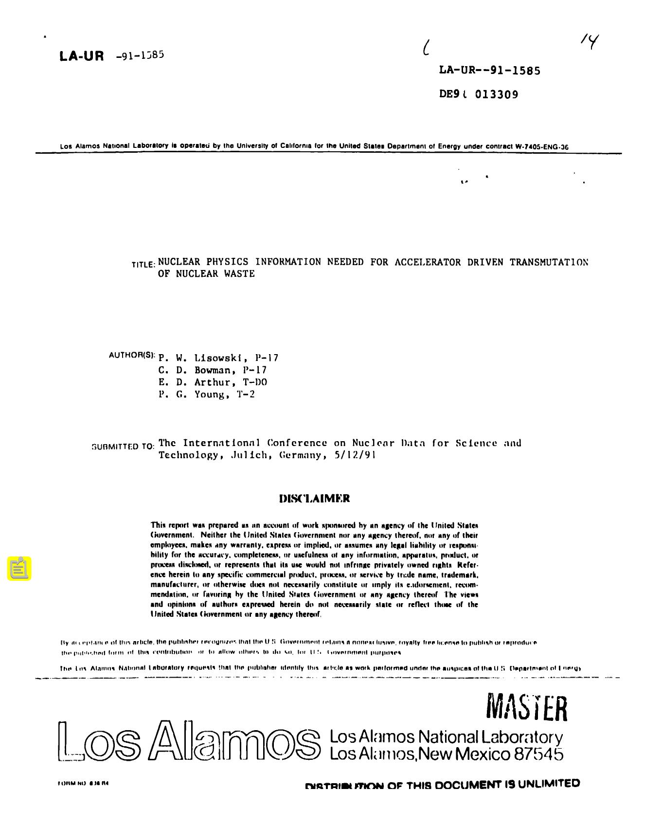 Nuclear physics information needed for accelerator driven transmutation of nuclear waste None by LANL Research Library LWW Project
