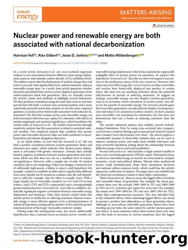 Nuclear power and renewable energy are both associated with national decarbonization by Harrison Fell & Alex Gilbert & Jesse D. Jenkins & Matto Mildenberger