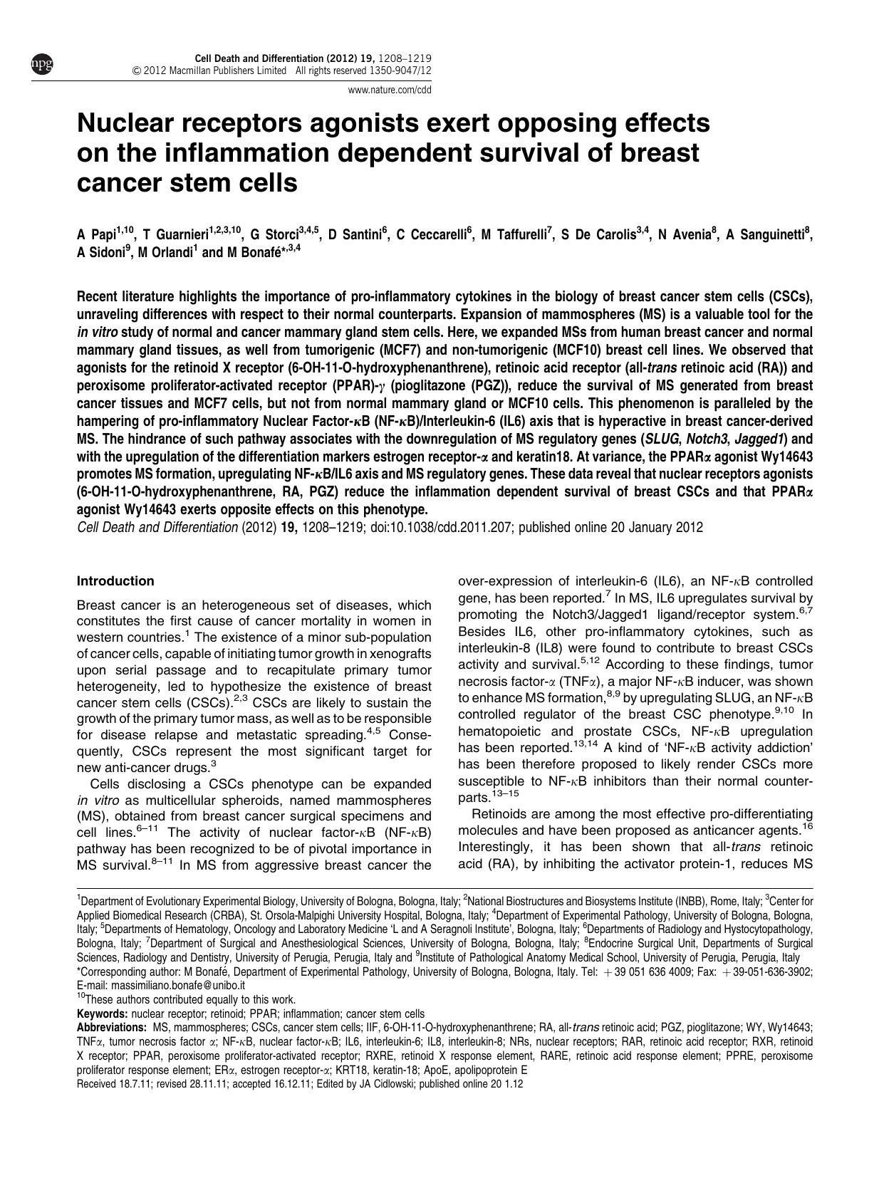 Nuclear receptors agonists exert opposing effects on the inflammation dependent survival of breast cancer stem cells by unknow