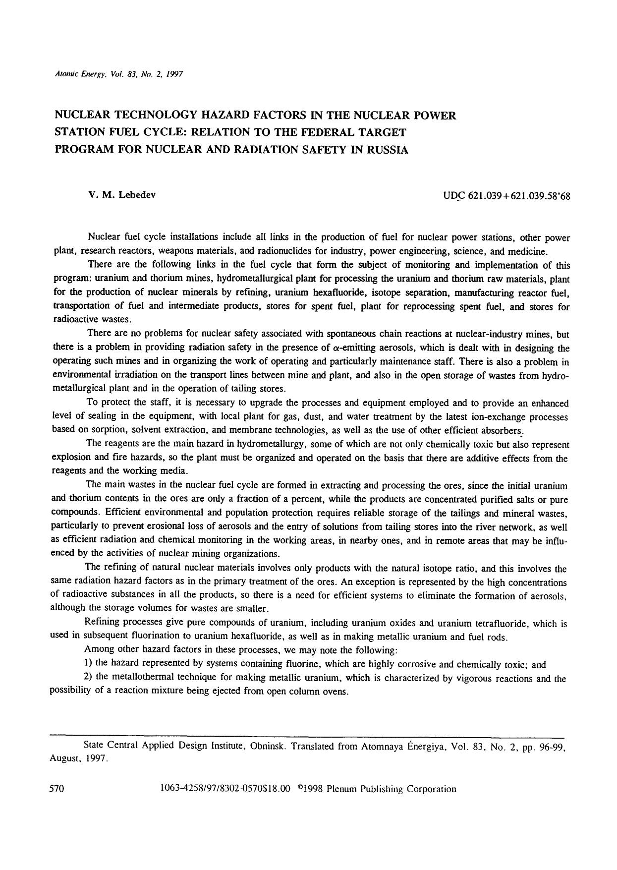 Nuclear technology hazard factors in the nuclear power station fuel cycle: Relation to the federal target program for nuclear and radiation safety in Russia by Unknown