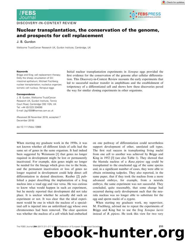 Nuclear transplantation, the conservation of the genome, and prospects for cell replacement by Unknown