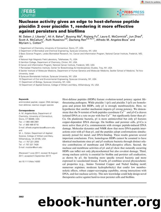 Nuclease activity gives an edge to hostâdefense peptide piscidin 3 over piscidin 1, rendering it more effective against persisters and biofilms by Unknown