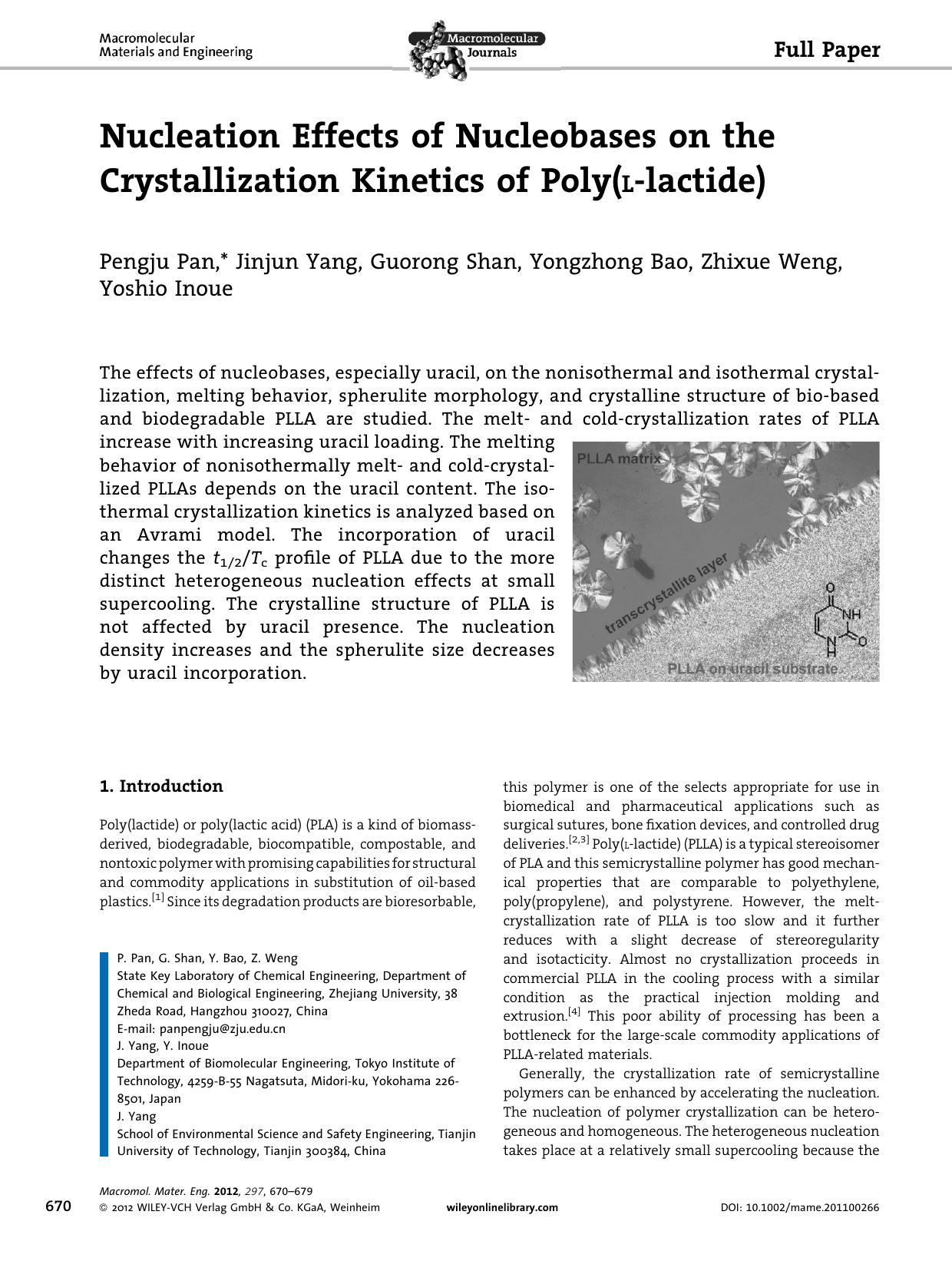 Nucleation Effects of Nucleobases on the Crystallization Kinetics of Poly(Llactide) by Unknown