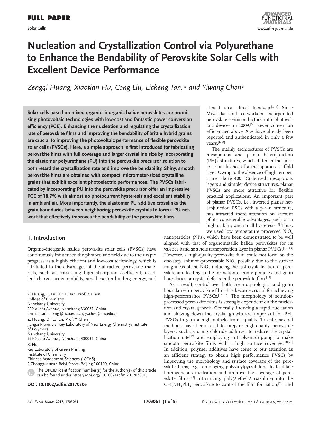 Nucleation and Crystallization Control via Polyurethane to Enhance the Bendability of Perovskite Solar Cells with Excellent Device Performance by Unknown