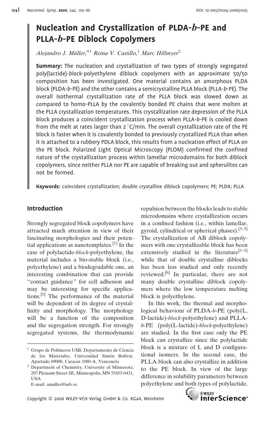 Nucleation and Crystallization of PLDA-b-PE and PLLA-b-PE Diblock Copolymers by Unknown
