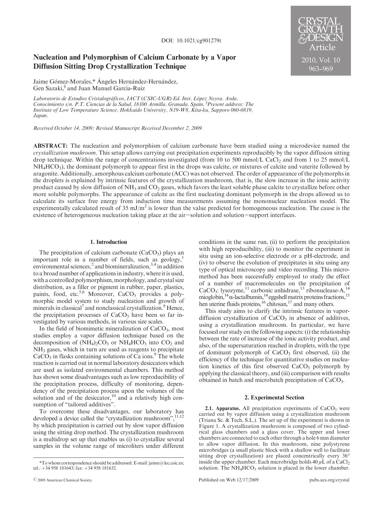 Nucleation and Polymorphism of Calcium Carbonate by a Vapor Diffusion Sitting Drop Crystallization Technique by Unknown