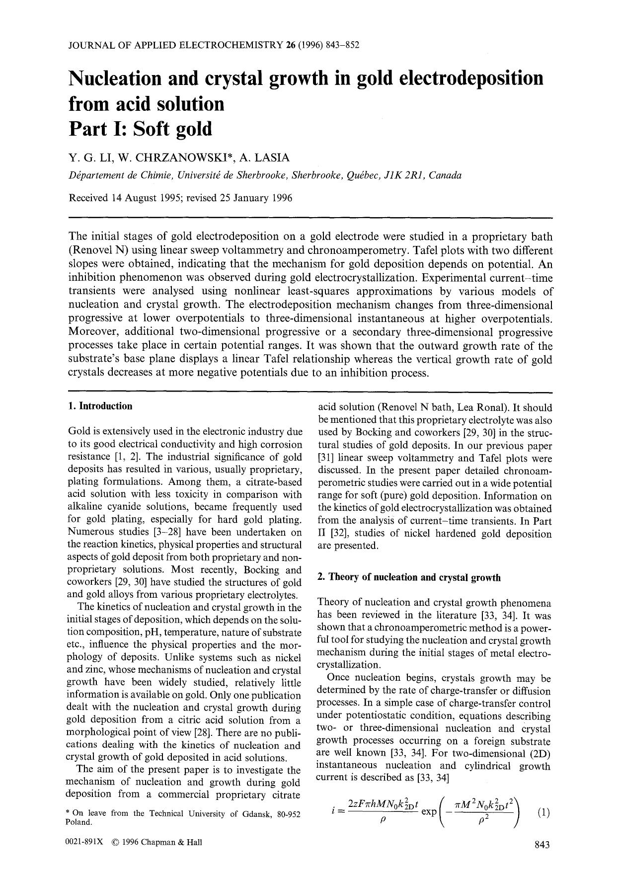 Nucleation and crystal growth in gold electrodeposition from acid solution Part I: Soft gold by Unknown