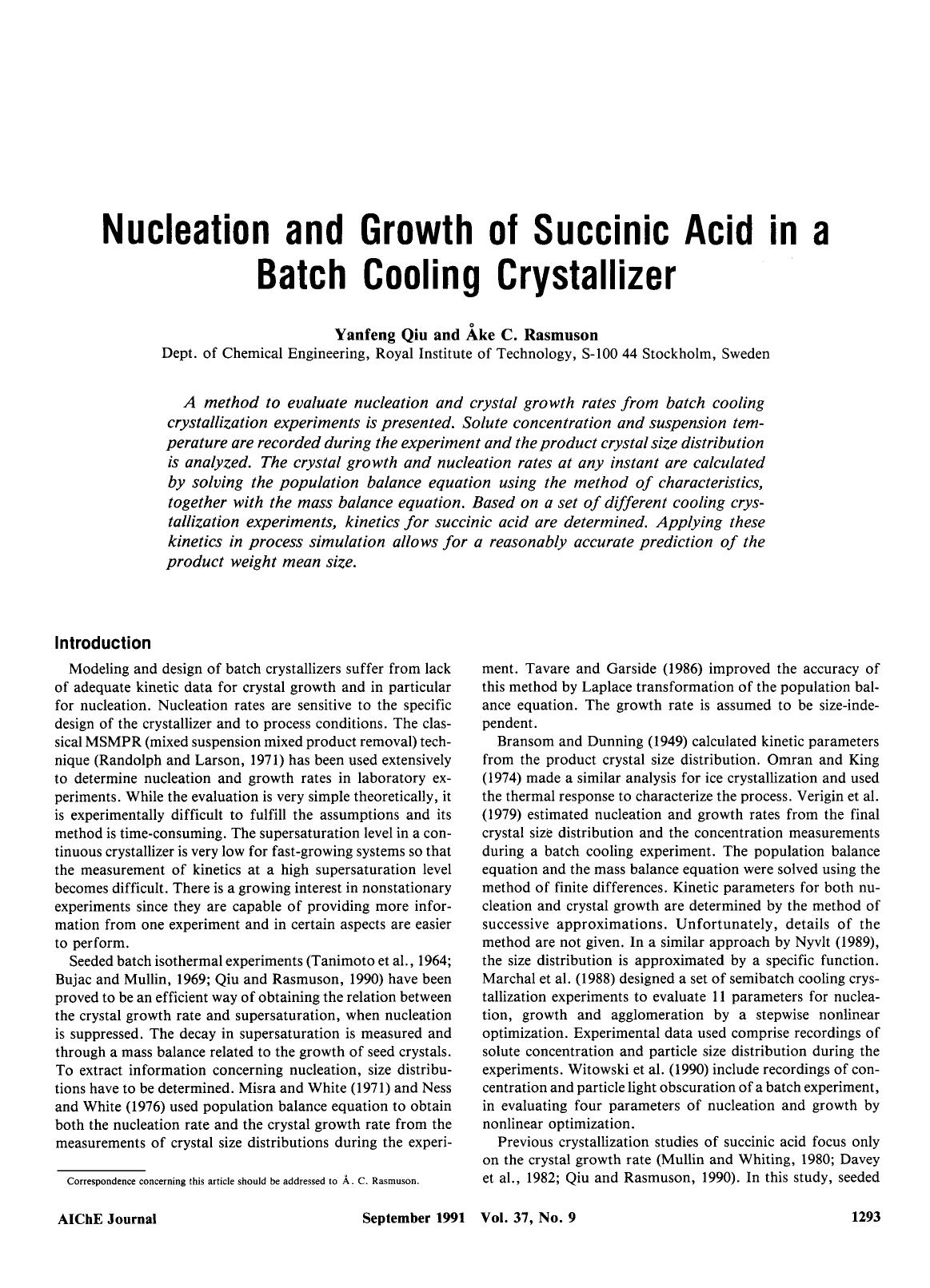 Nucleation and growth of succinic acid in a batch cooling crystallizer by Unknown