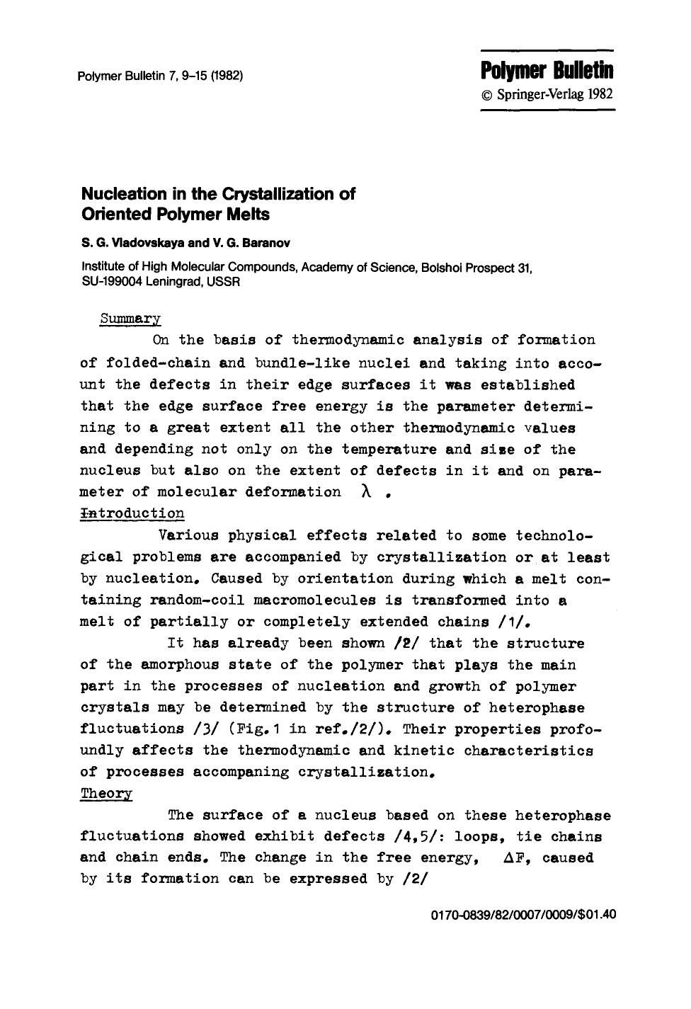 Nucleation in the crystallization of oriented polymer melts by Unknown