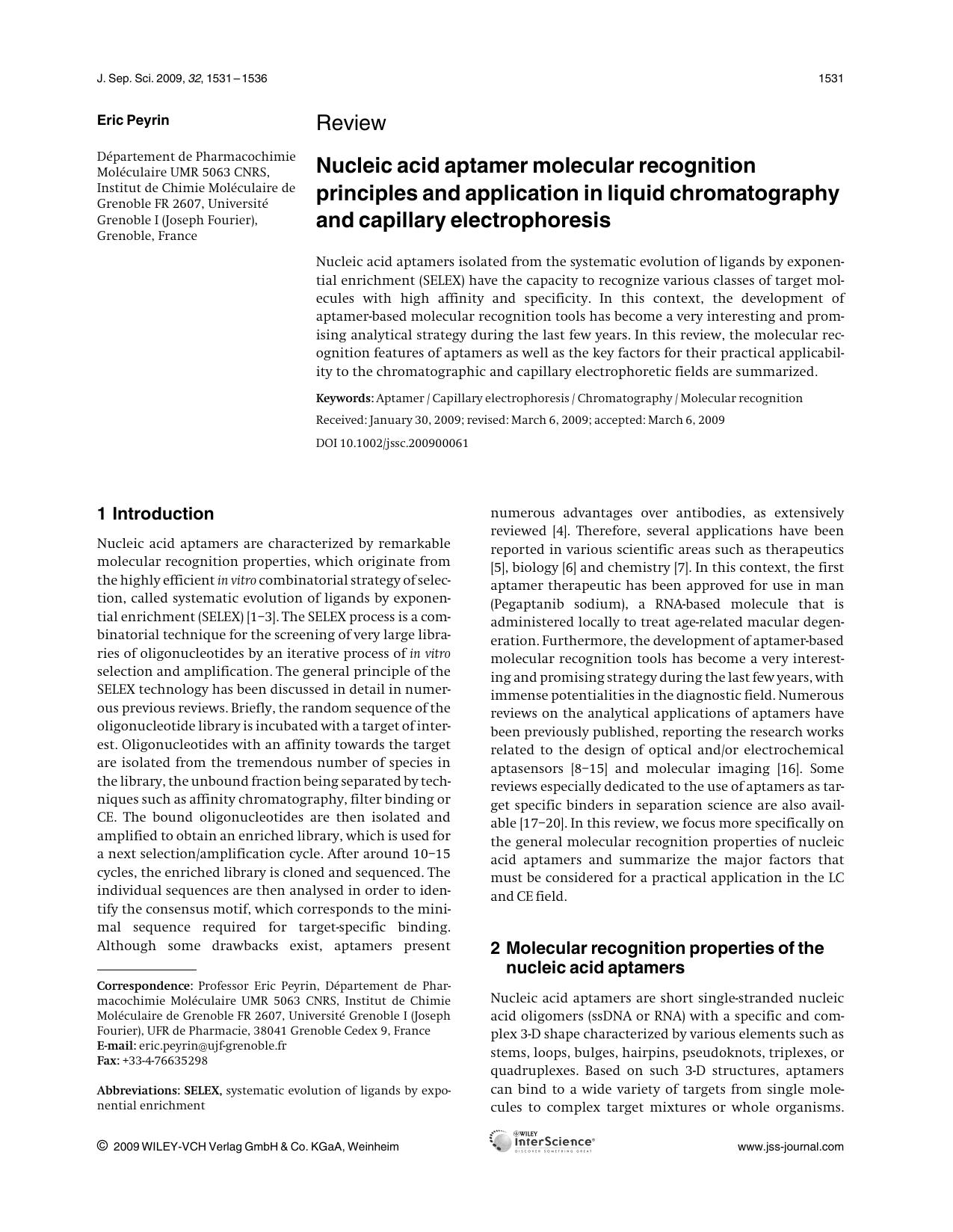Nucleic acid aptamer molecular recognition principles and application in liquid chromatography and capillary electrophoresis by Unknown