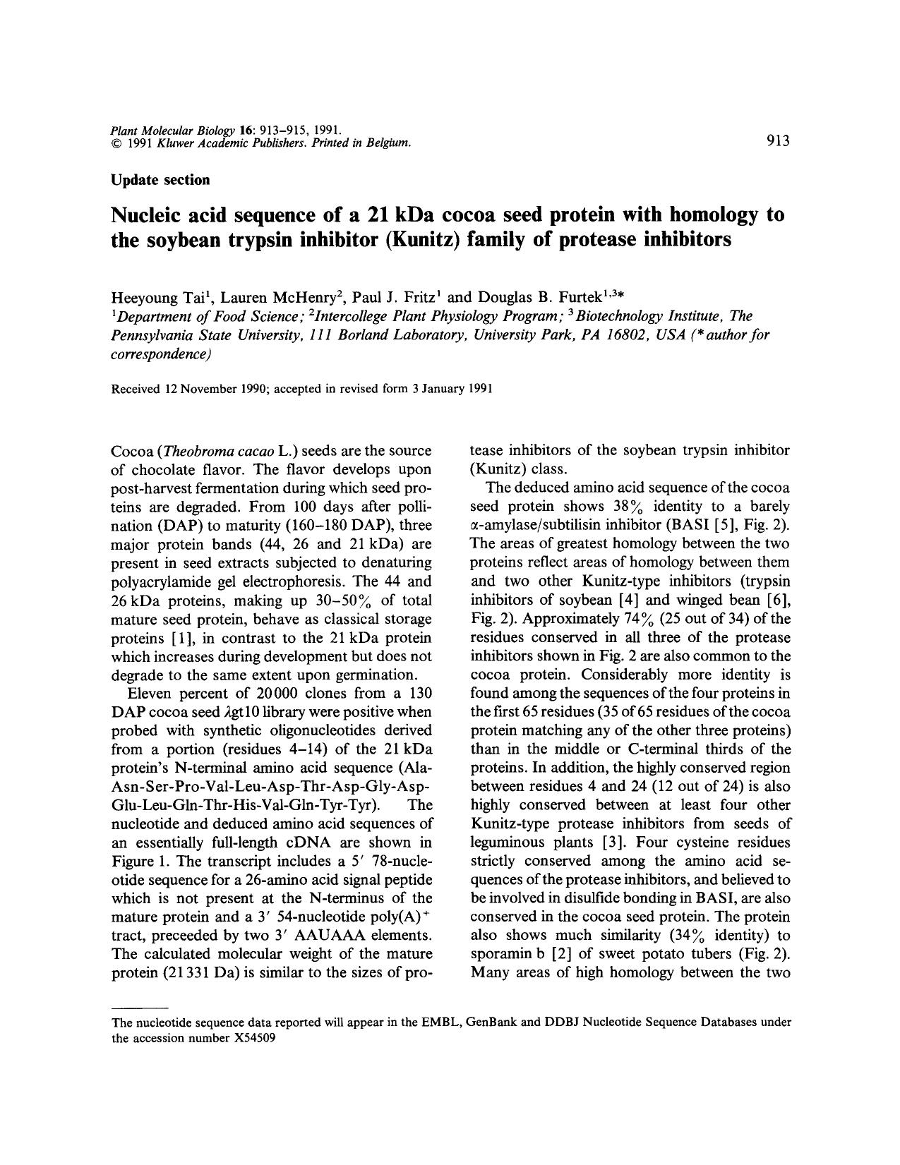 Nucleic acid sequence of a 21 kDa cocoa seed protein with homology to the soybean trypsin inhibitor (Kunitz) family of protease inhibitors by Unknown