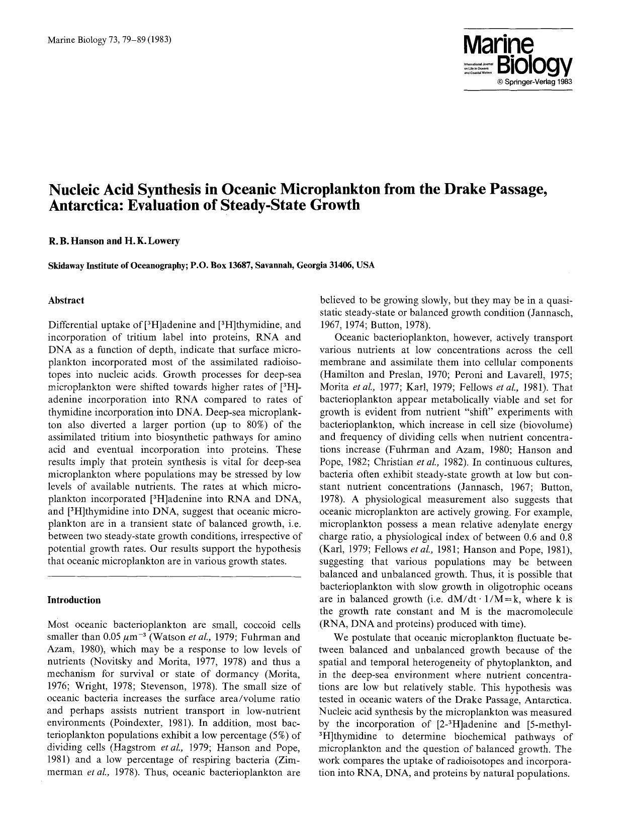 Nucleic acid synthesis in oceanic microplankton from the drake passage, antarctica: Evaluation of steady-state growth by Unknown