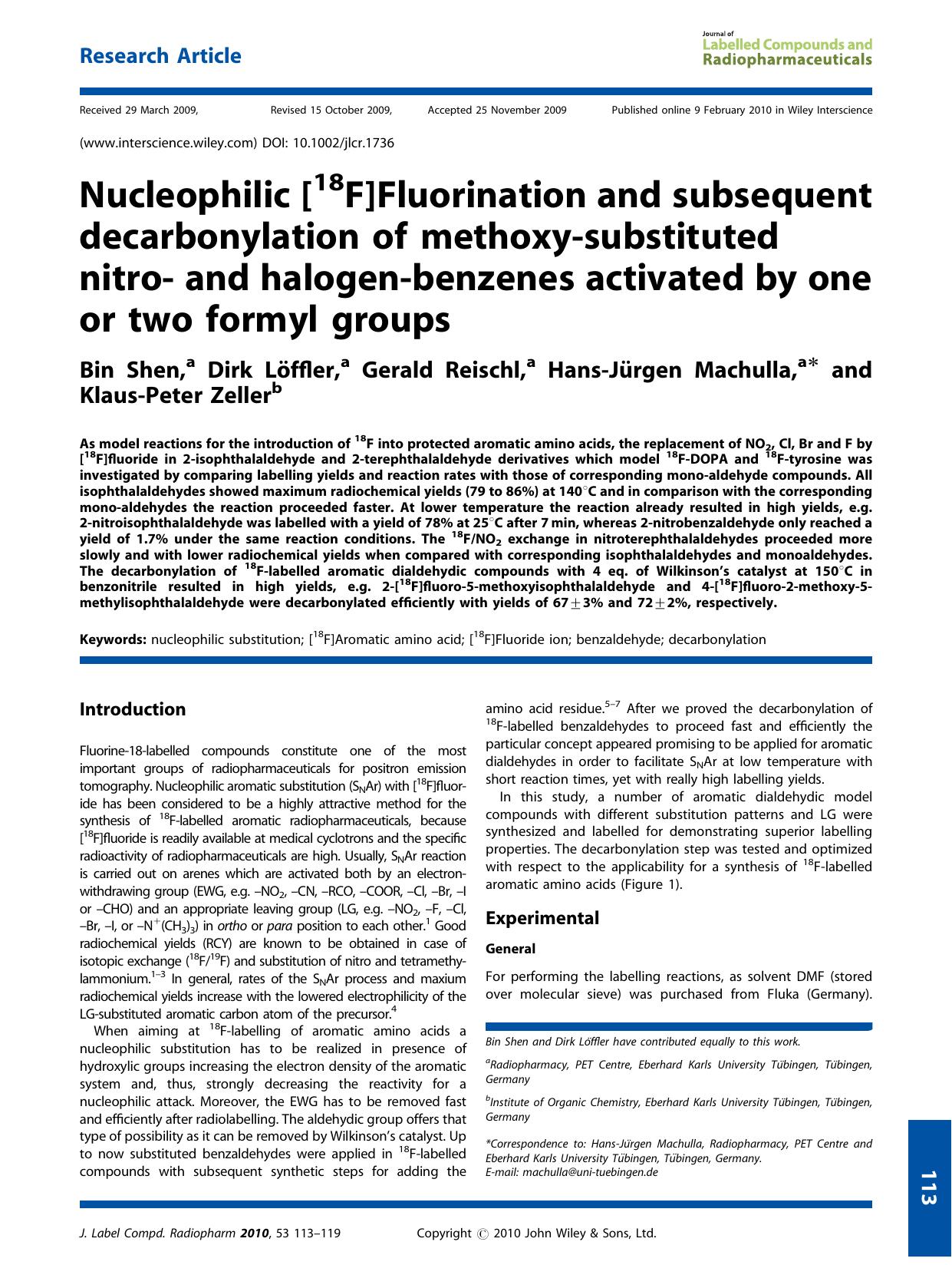 Nucleophilic [18F]Fluorination and subsequent decarbonylation of methoxy?substituted nitro? and halogen?benzenes activated by one or two formyl groups by Unknown