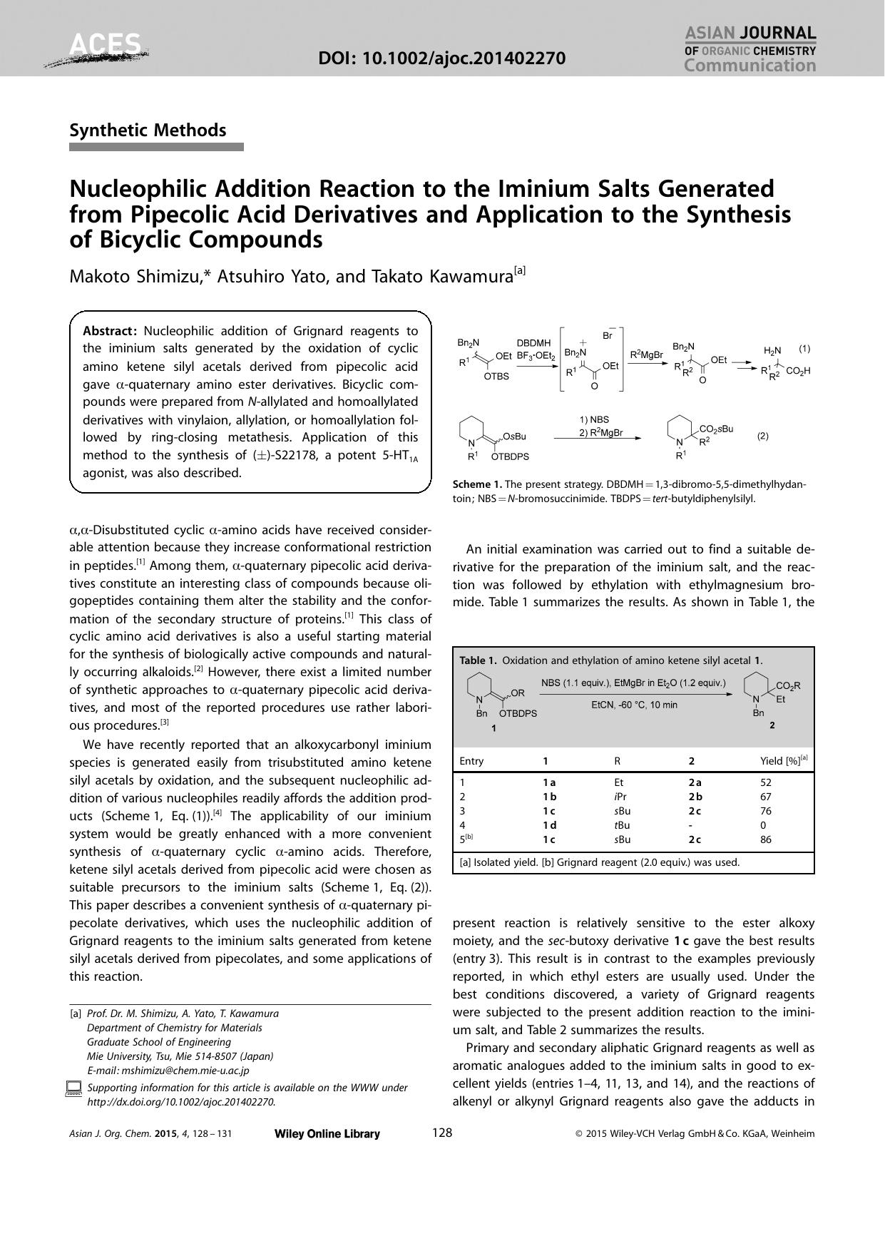 Nucleophilic Addition Reaction to the Iminium Salts Generated from Pipecolic Acid Derivatives and Application to the Synthesis of Bicyclic Compounds by Unknown